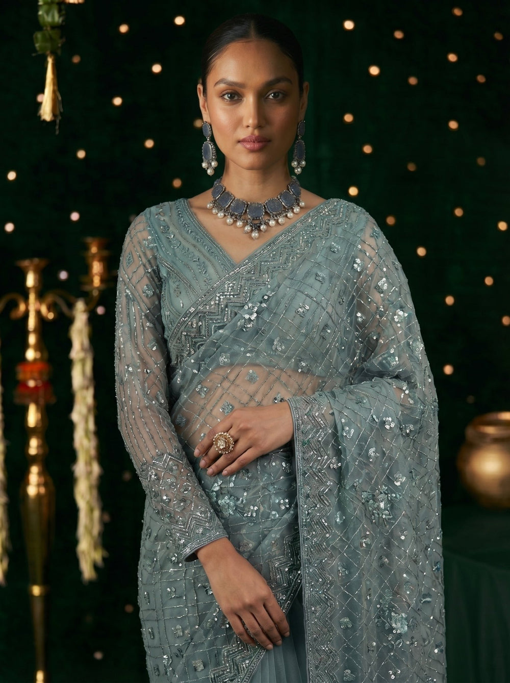 Elegant Grey Handworked Net Saree with Intricate Beads & Sequin Embroidery - Zimonza