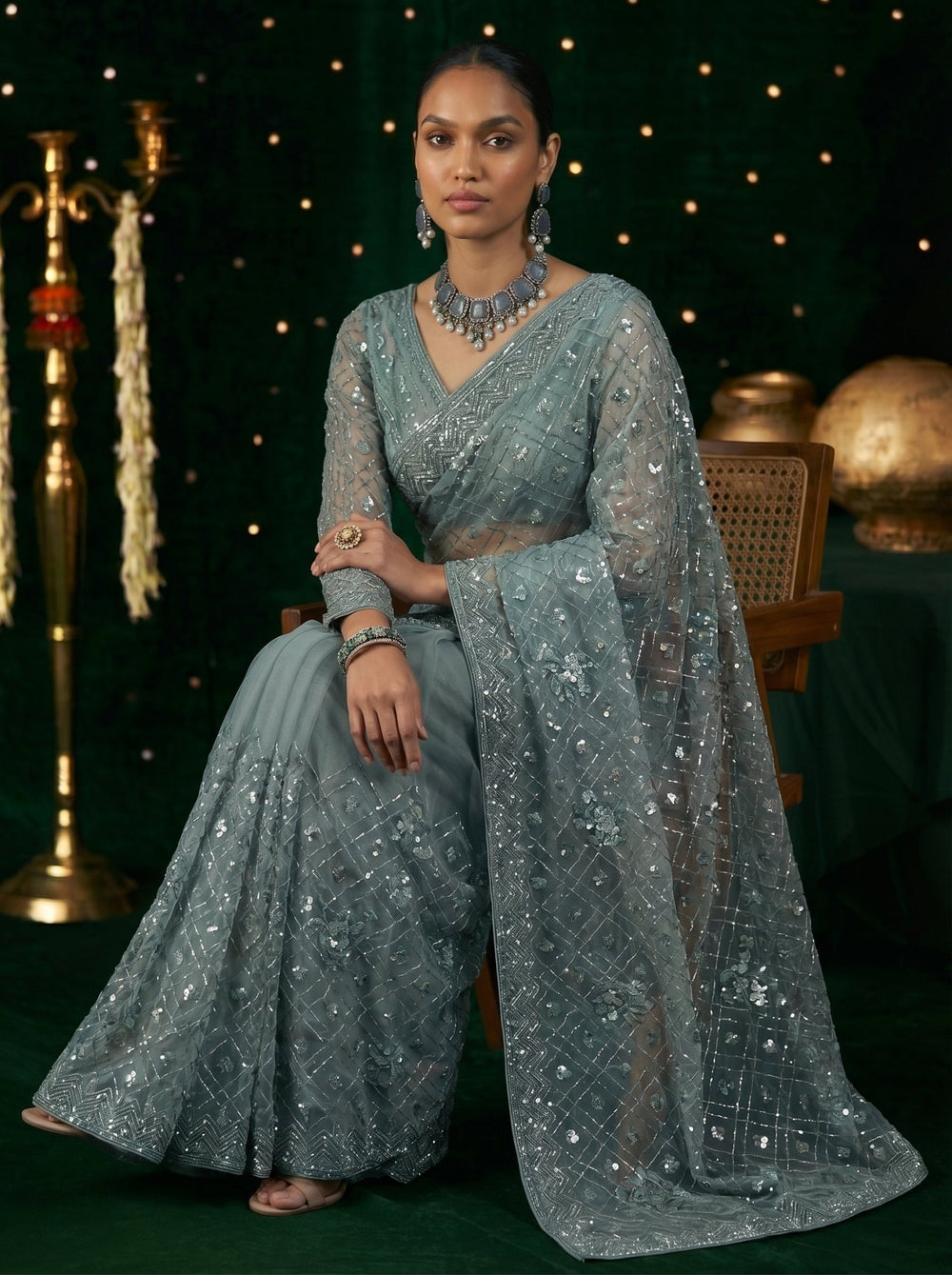 Elegant Grey Handworked Net Saree with Intricate Beads & Sequin Embroidery - Zimonza