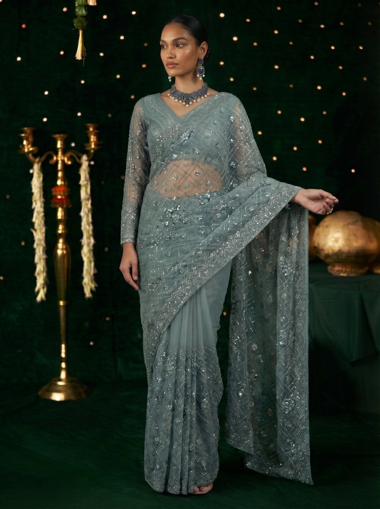 Elegant Grey Handworked Net Saree with Intricate Beads & Sequin Embroidery - Zimonza
