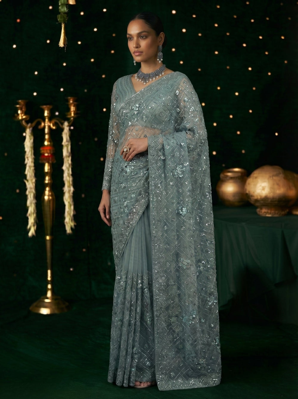 Elegant Grey Handworked Net Saree with Intricate Beads & Sequin Embroidery - Zimonza