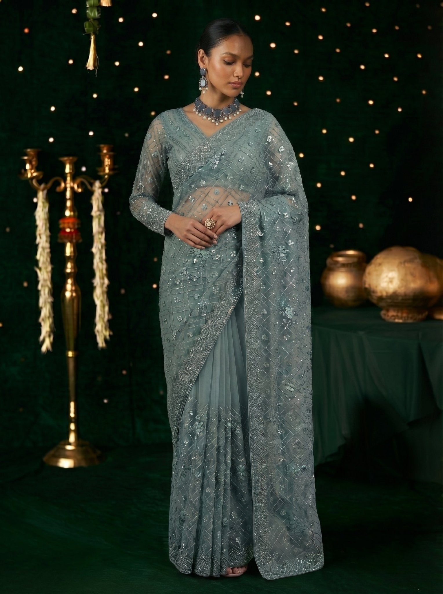 Elegant Grey Handworked Net Saree with Intricate Beads & Sequin Embroidery - Zimonza