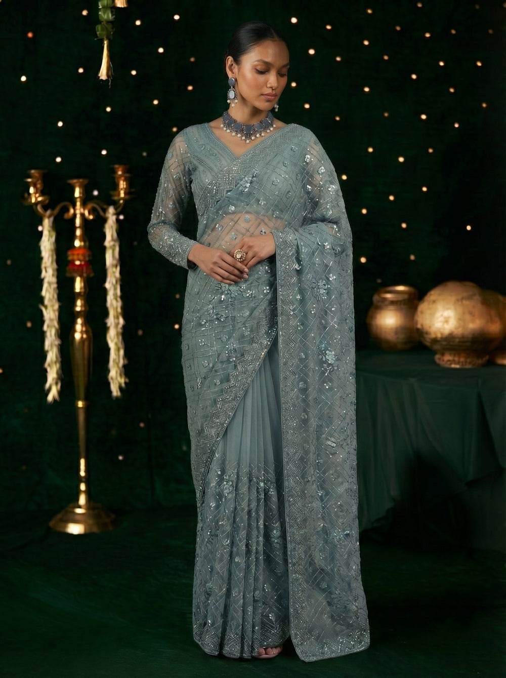 Elegant Grey Handworked Net Saree with Intricate Beads & Sequin Embroidery - Zimonza