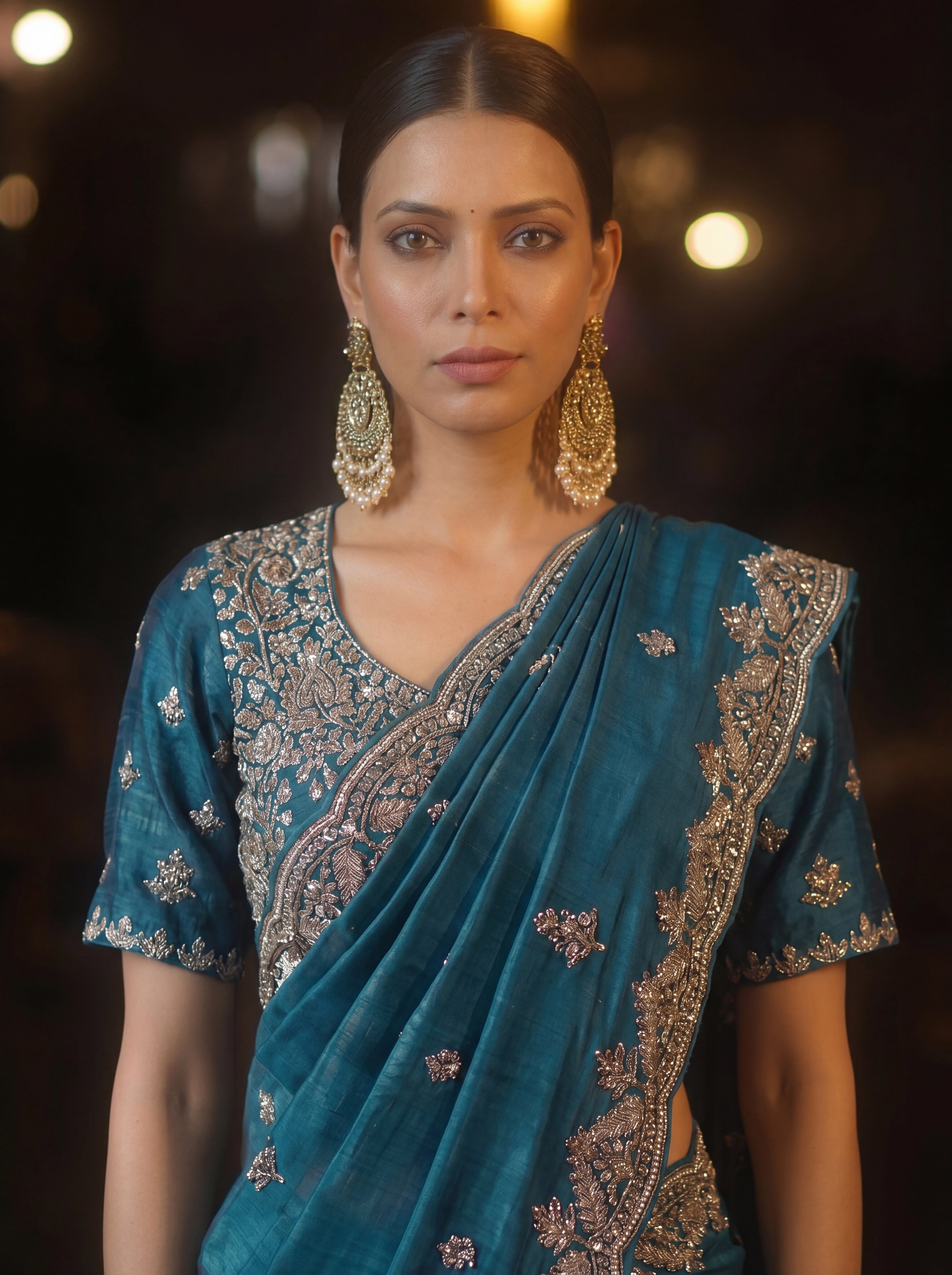 Premium Teal Blue Designer Saree With Hand Embroidered Zari & Sequin Work