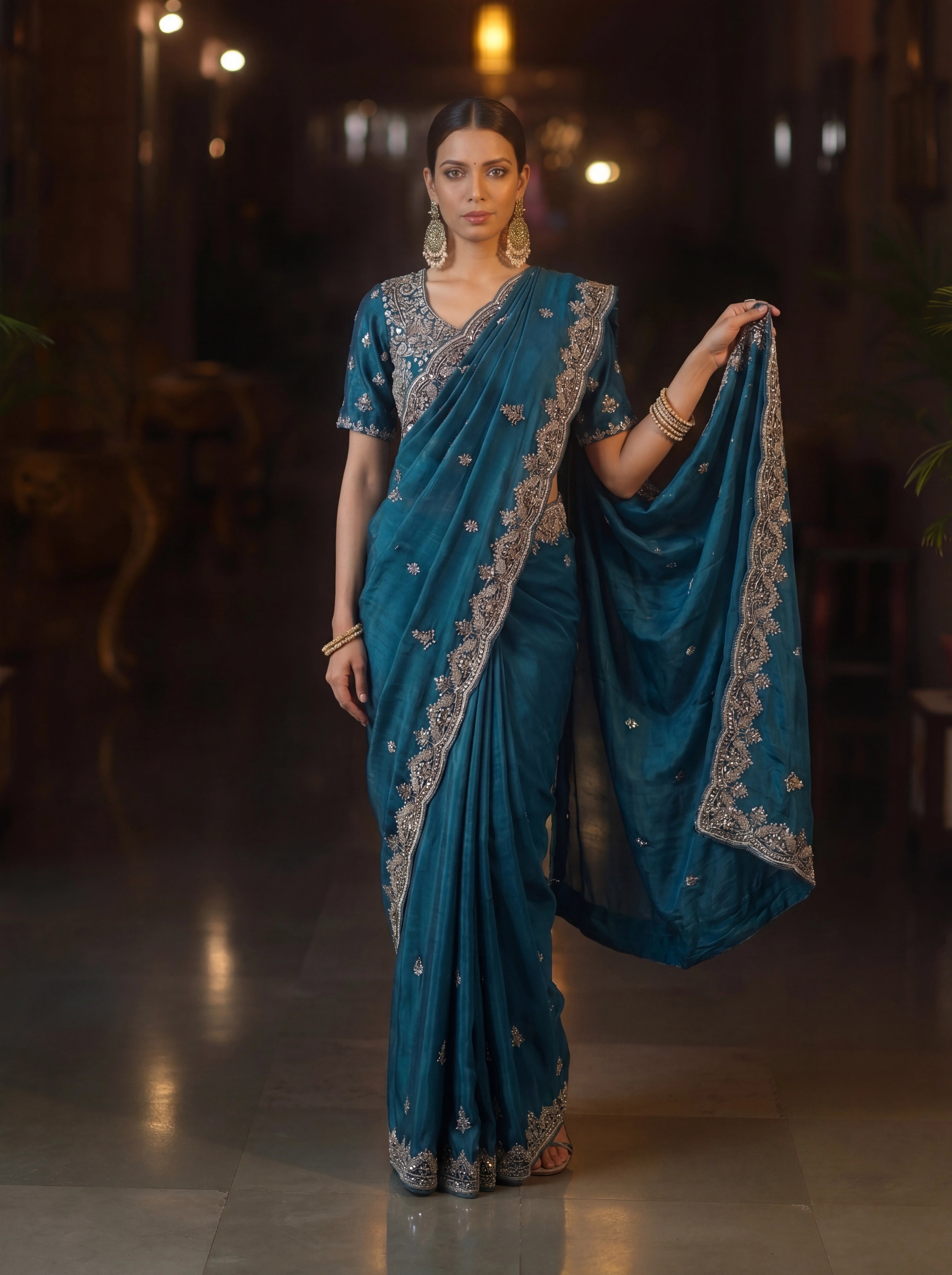 Premium Teal Blue Designer Saree With Hand Embroidered Zari & Sequin Work