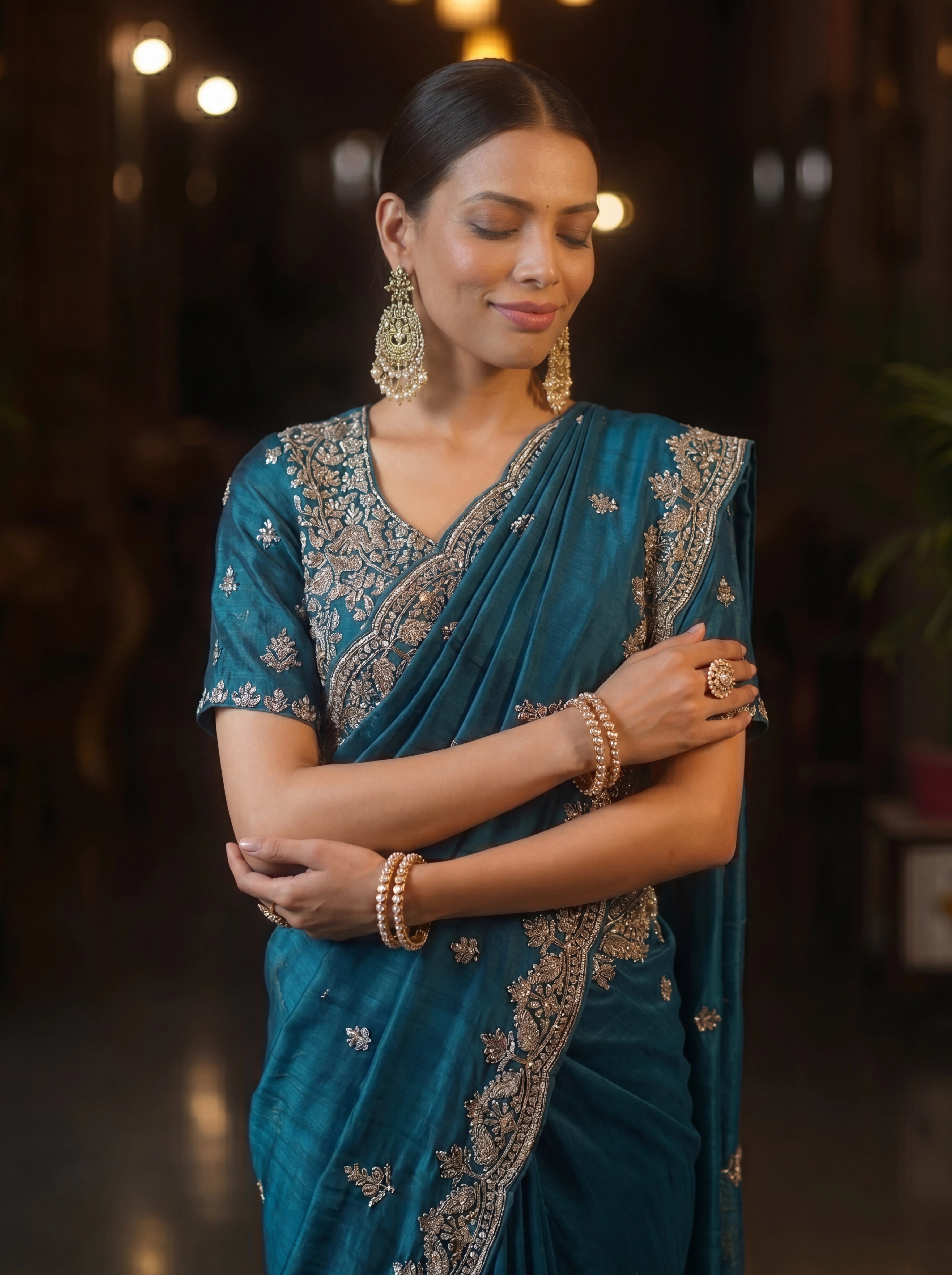 Premium Teal Blue Designer Saree With Hand Embroidered Zari & Sequin Work