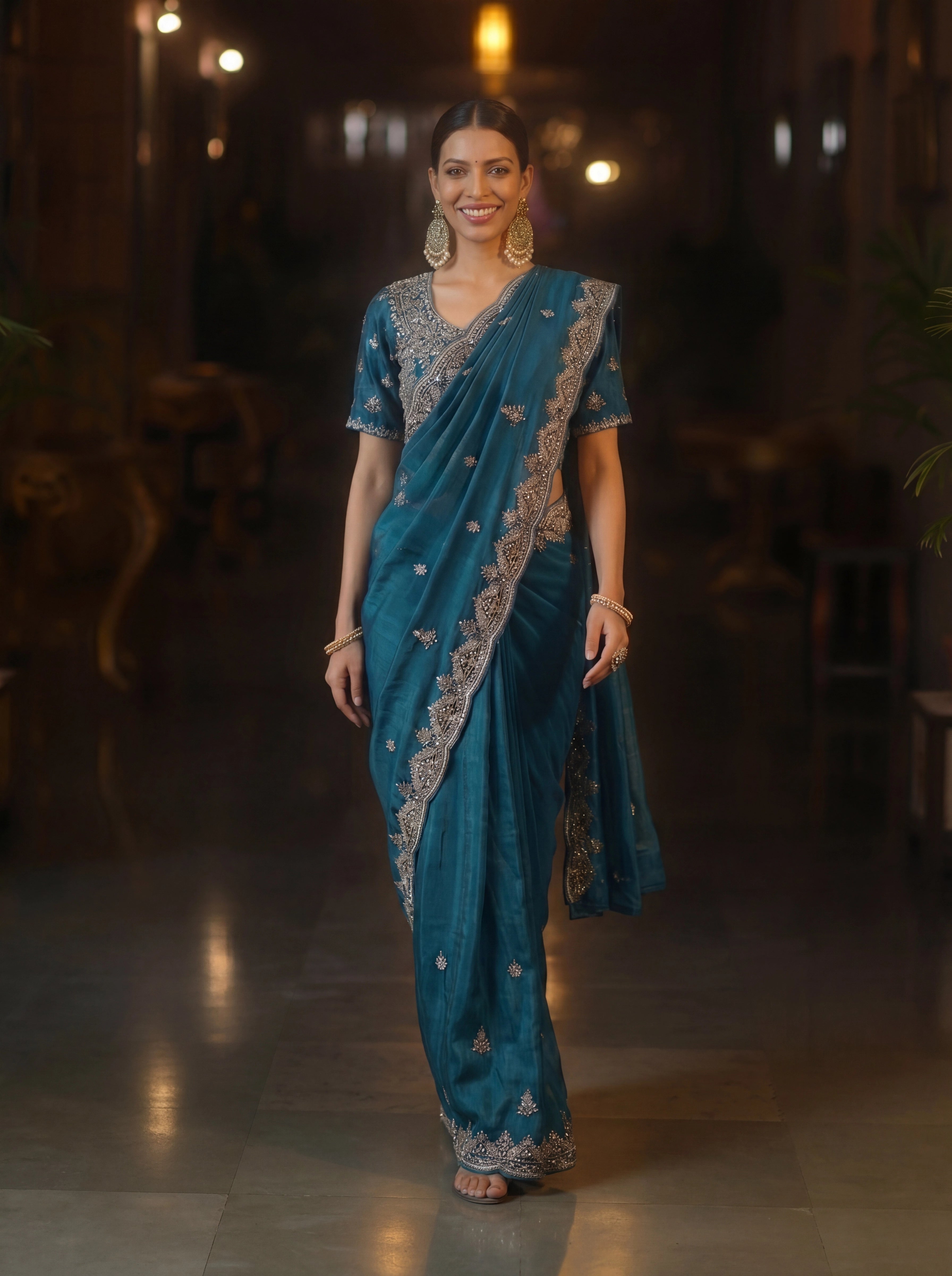 Premium Teal Blue Designer Saree With Hand Embroidered Zari & Sequin Work