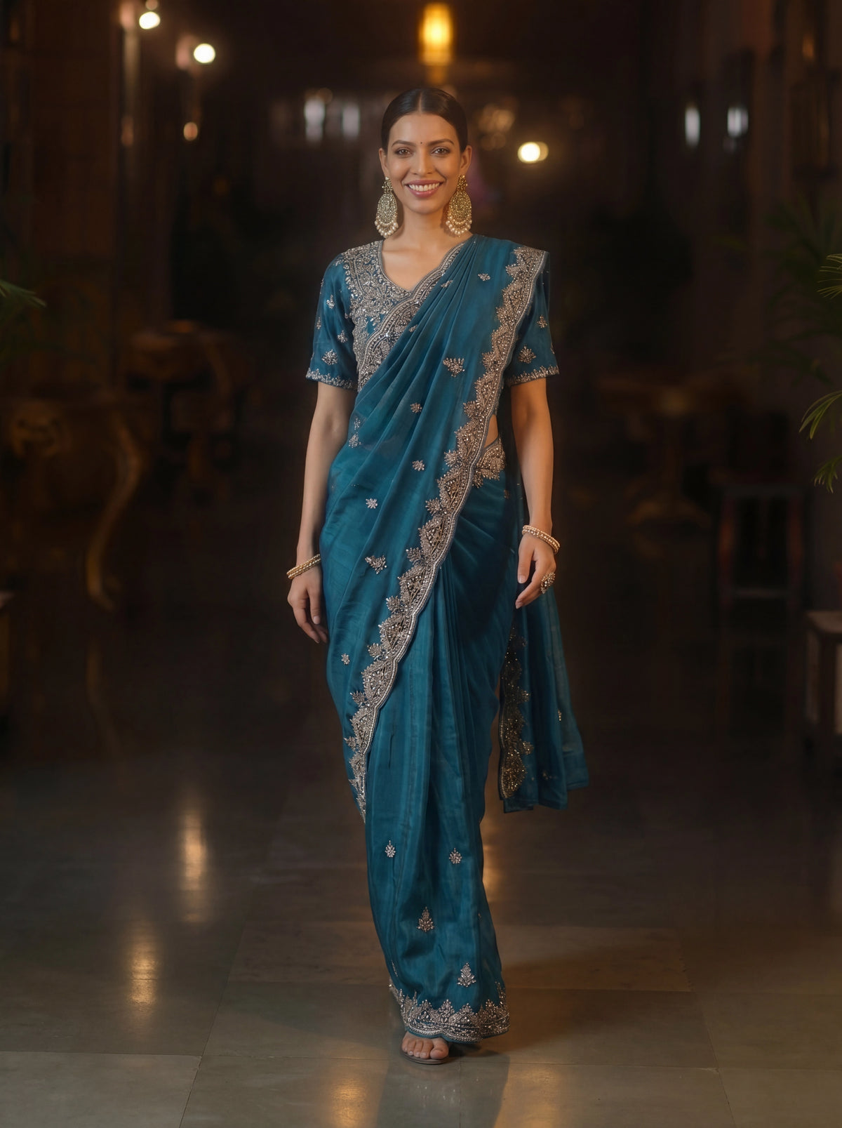 Premium Teal Blue Designer Saree With Hand Embroidered Zari & Sequin Work