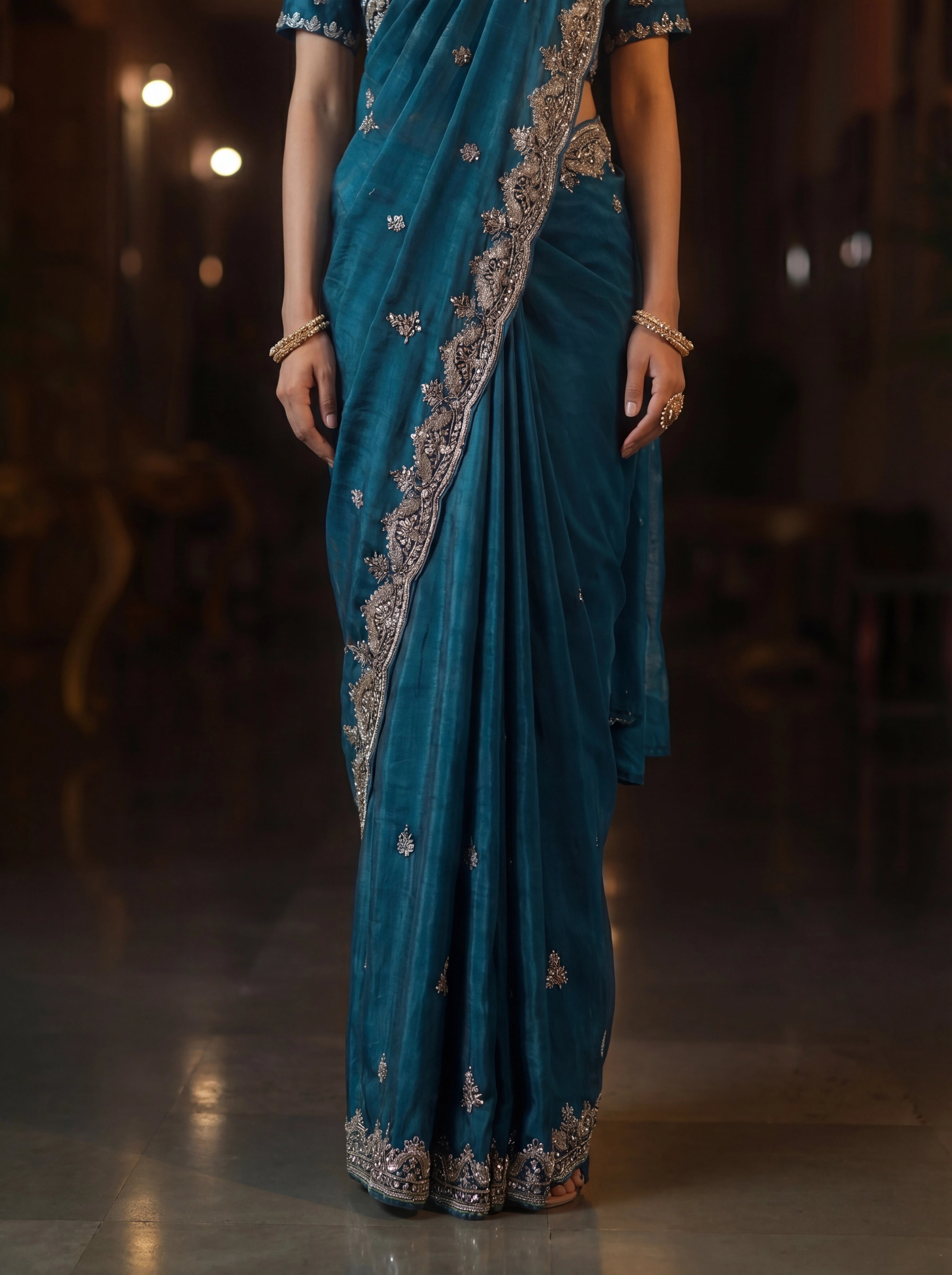 Premium Teal Blue Designer Saree With Hand Embroidered Zari & Sequin Work