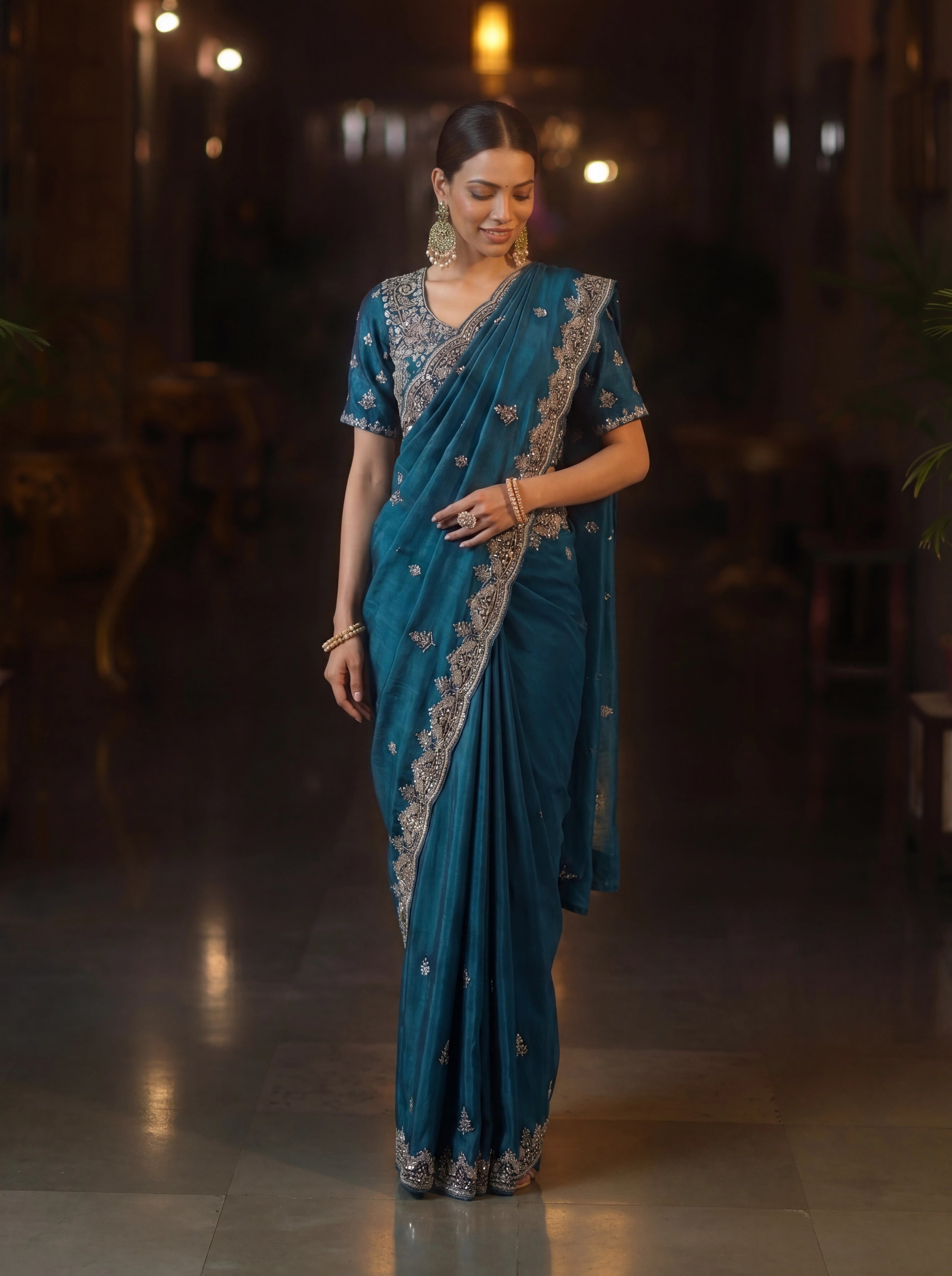 Premium Teal Blue Designer Saree With Hand Embroidered Zari & Sequin Work