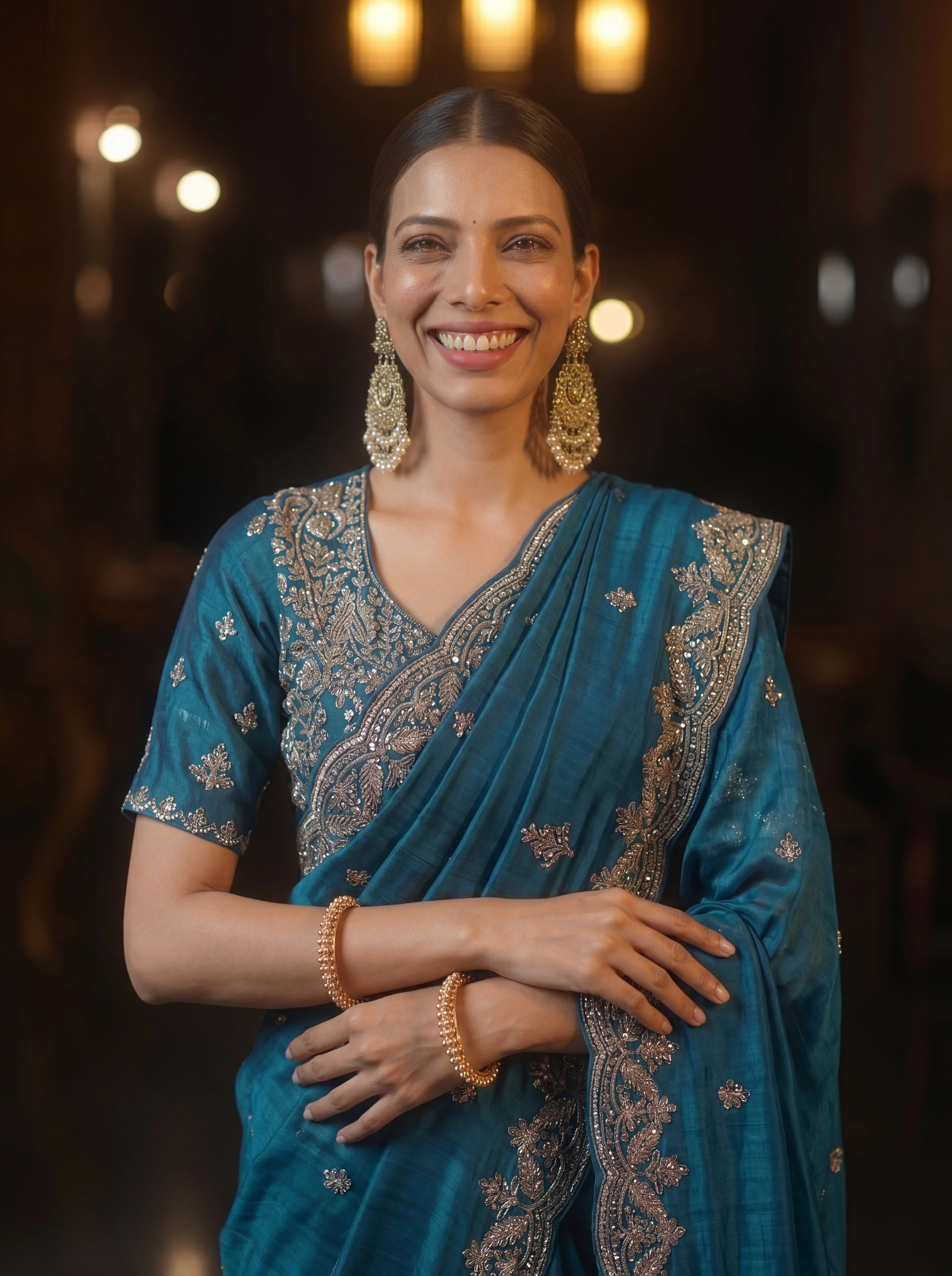 Premium Teal Blue Designer Saree With Hand Embroidered Zari & Sequin Work