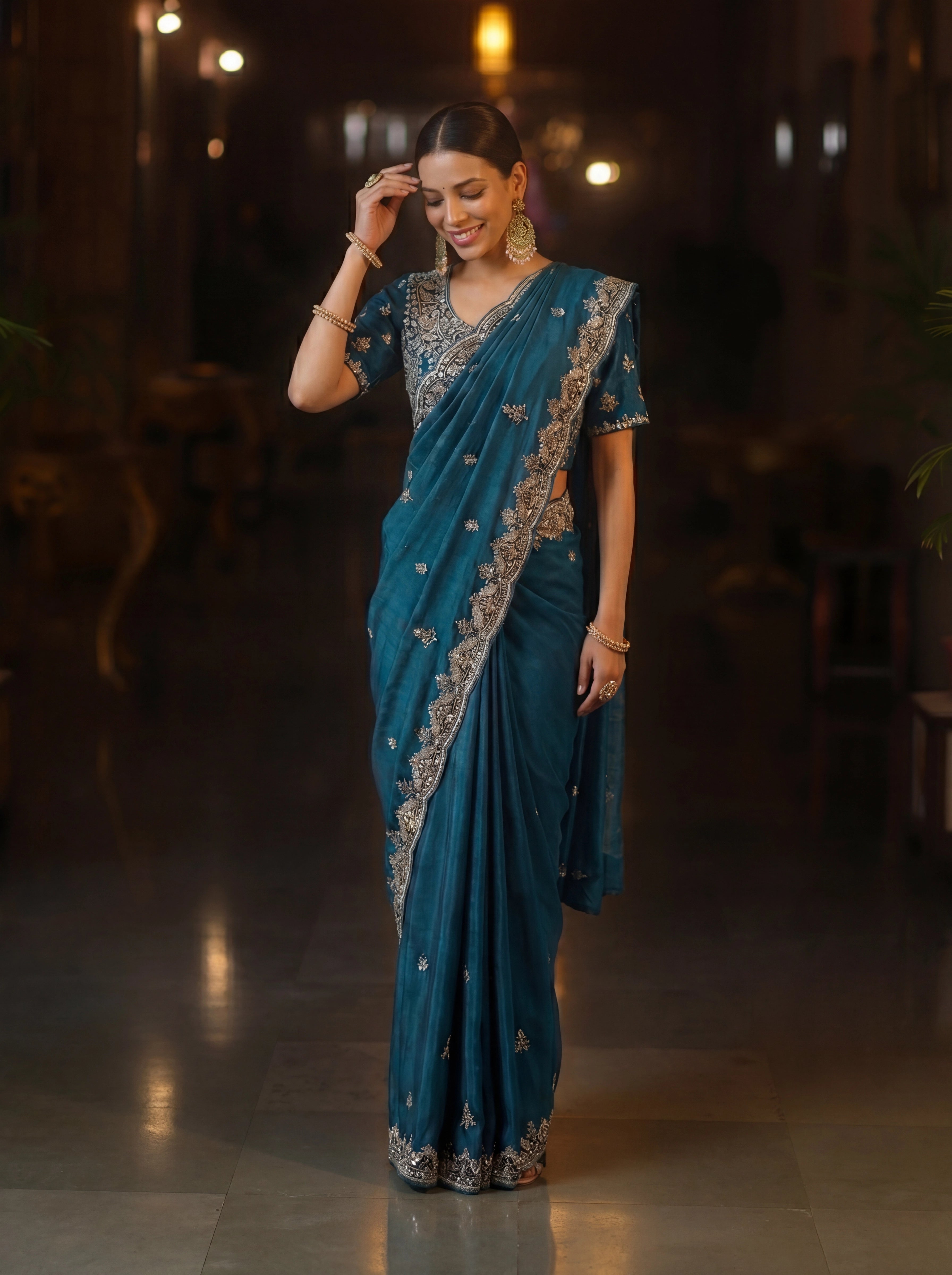 Premium Teal Blue Designer Saree With Hand Embroidered Zari & Sequin Work