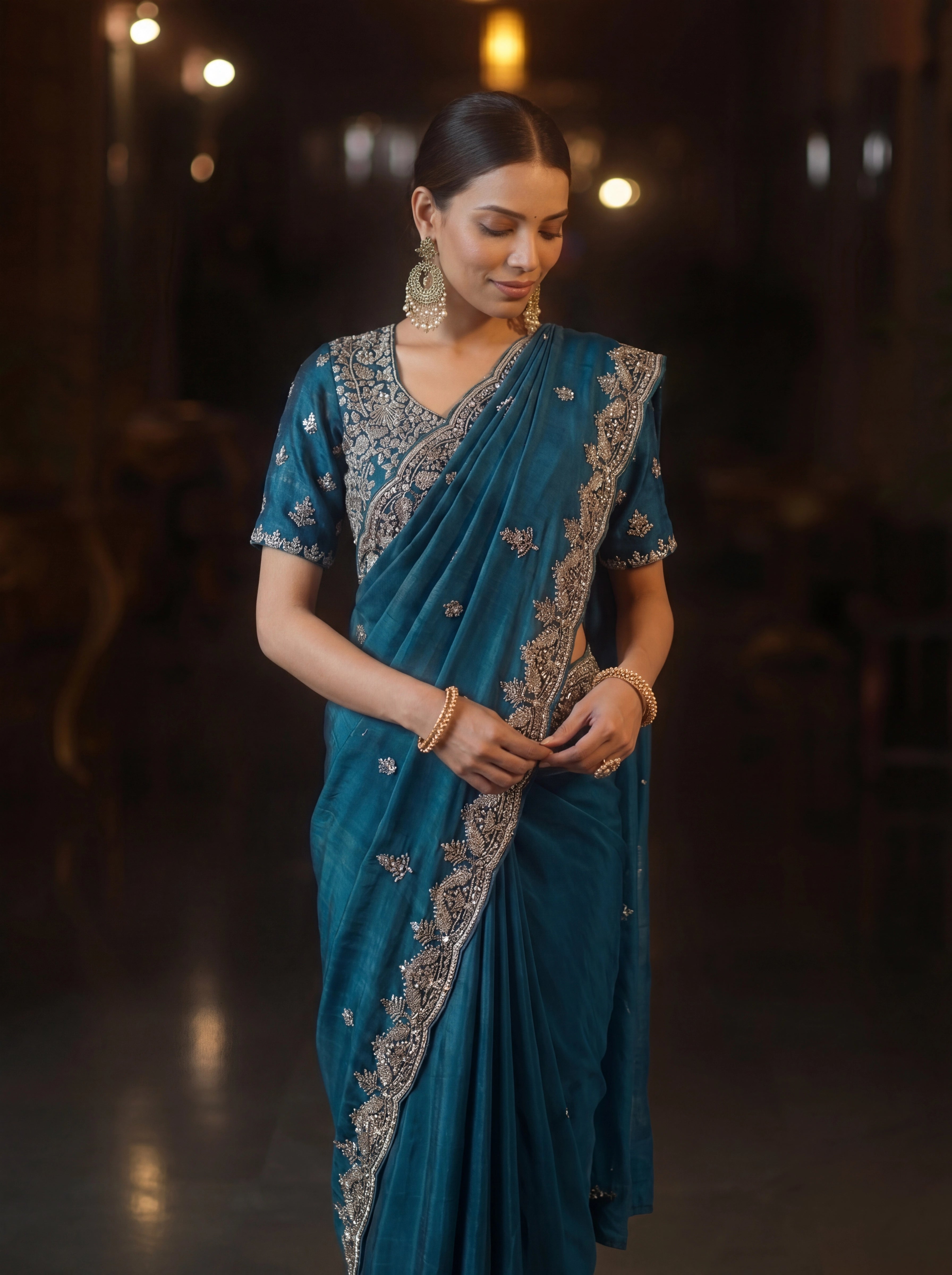 Premium Teal Blue Designer Saree With Hand Embroidered Zari & Sequin Work