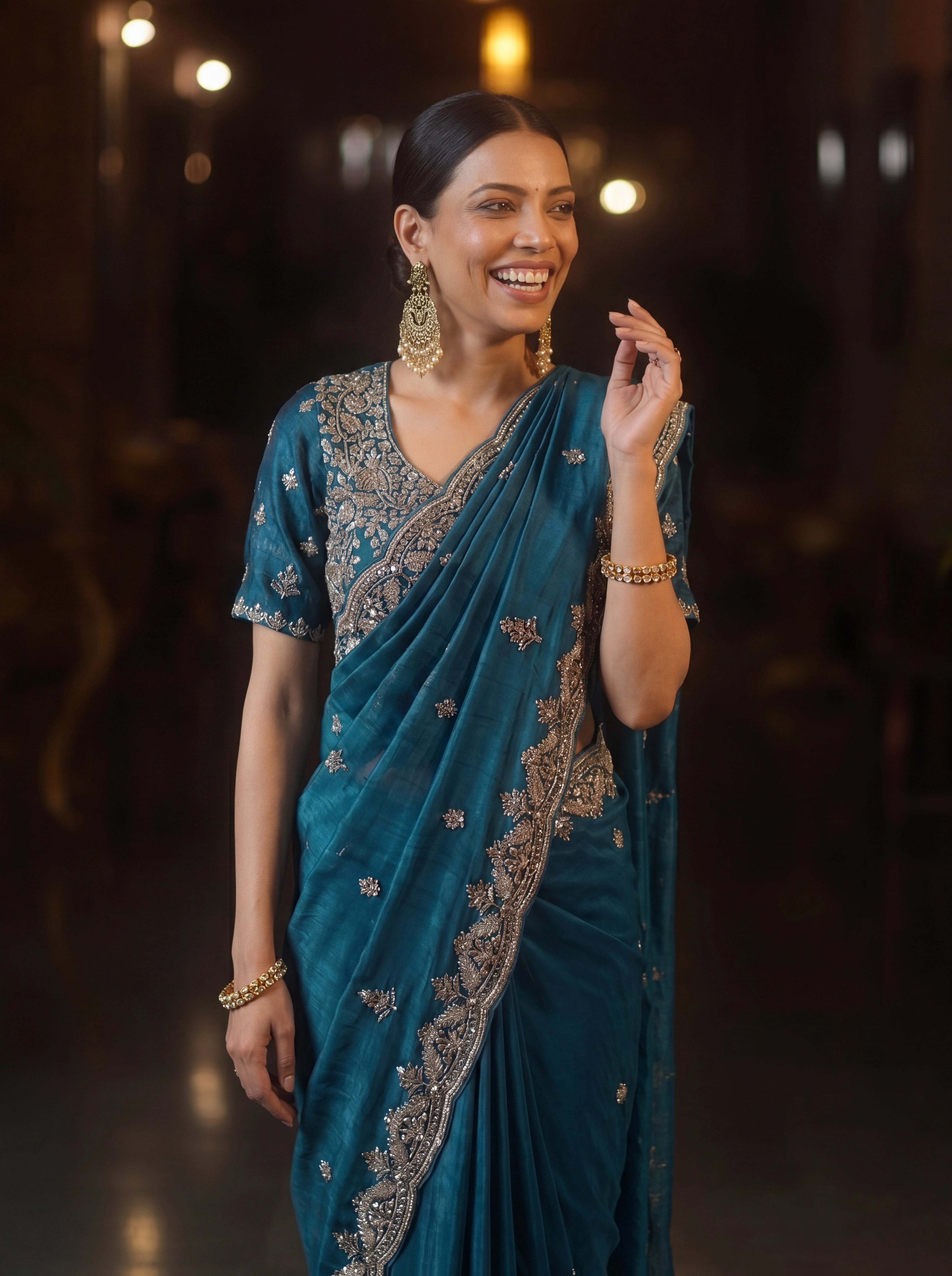 Premium Teal Blue Designer Saree With Hand Embroidered Zari & Sequin Work