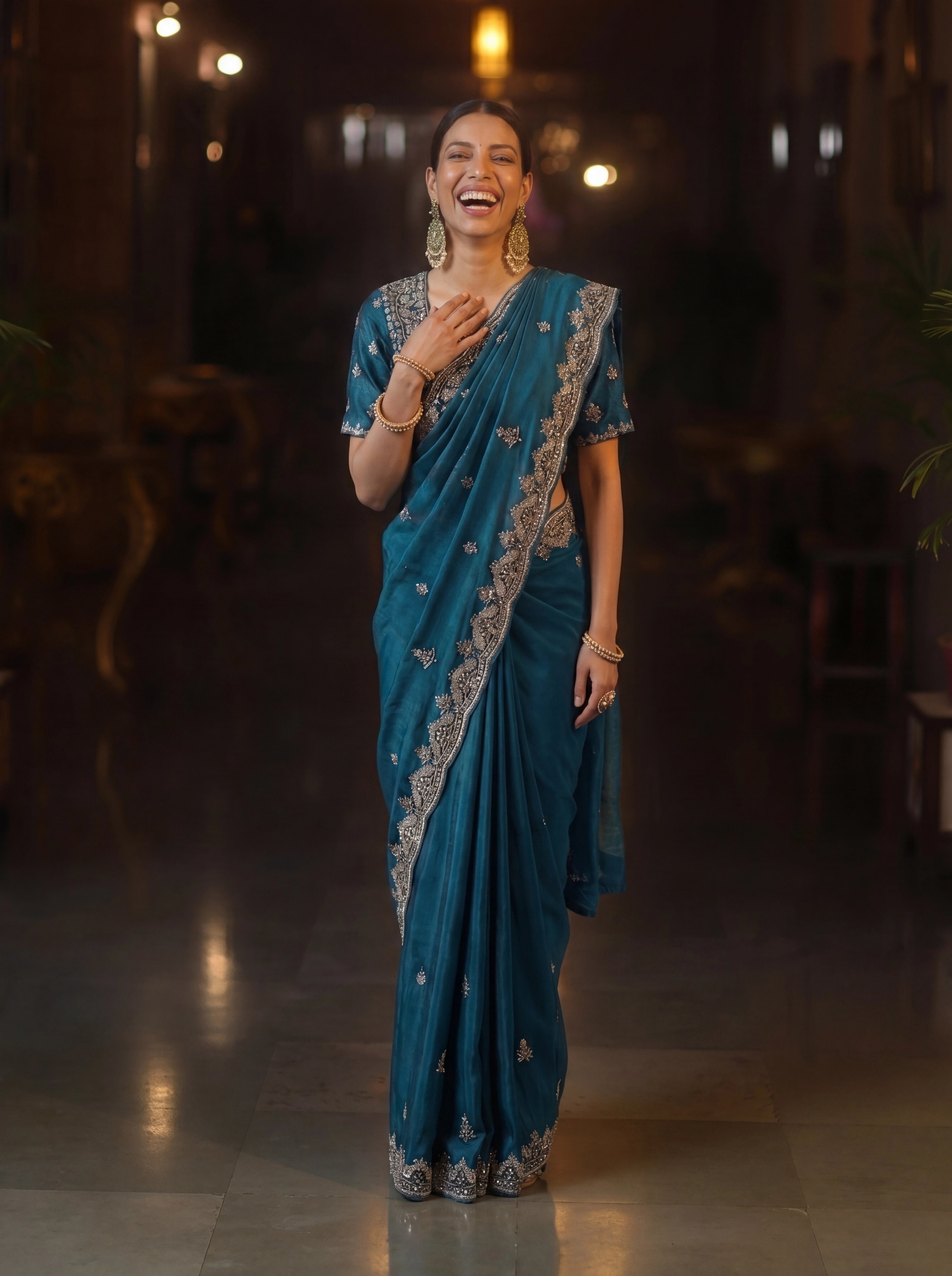 Premium Teal Blue Designer Saree With Hand Embroidered Zari & Sequin Work