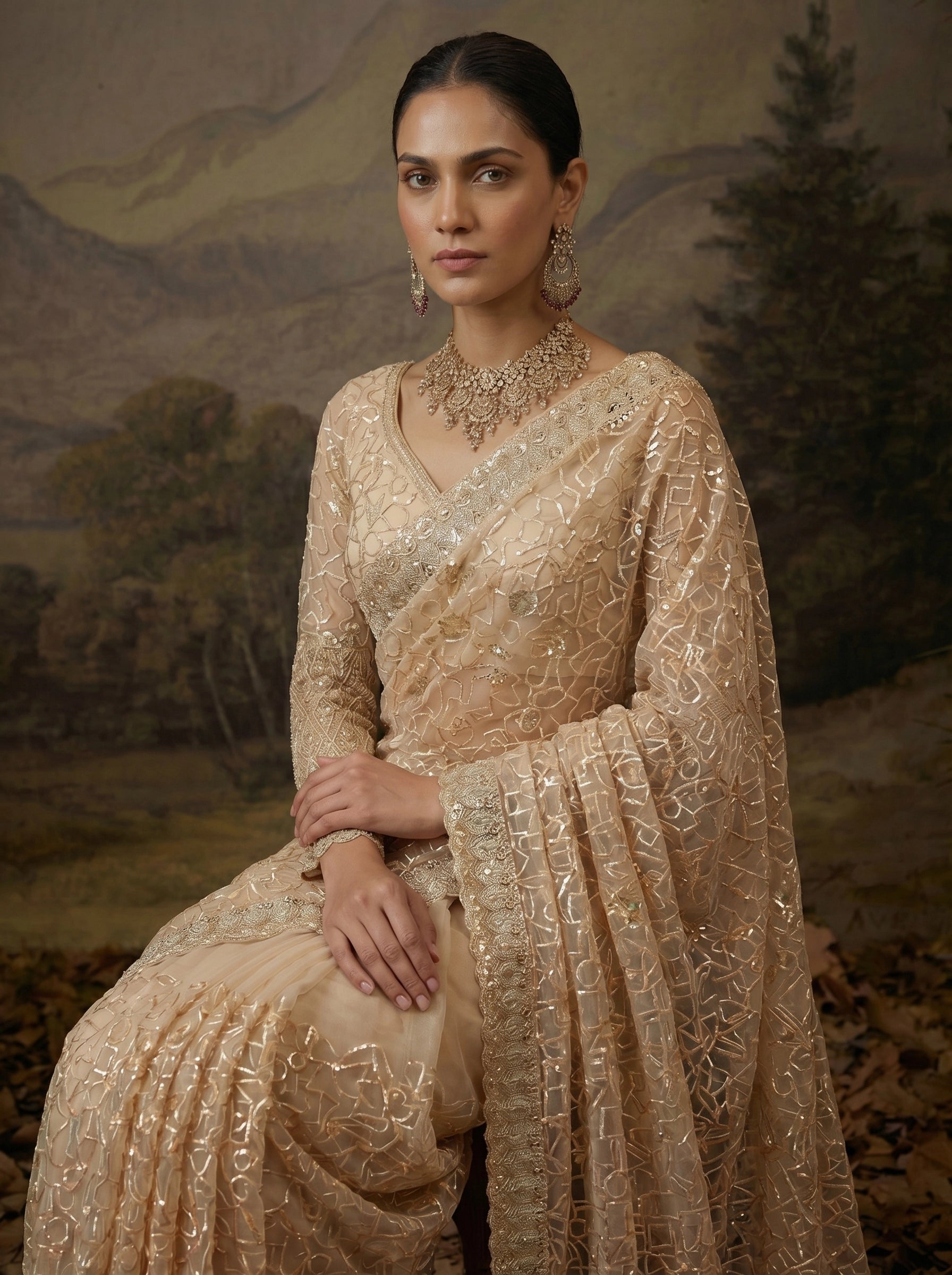 Luxury Champagne Gold Designer Saree with Intricate Embroidery & Heavy Border