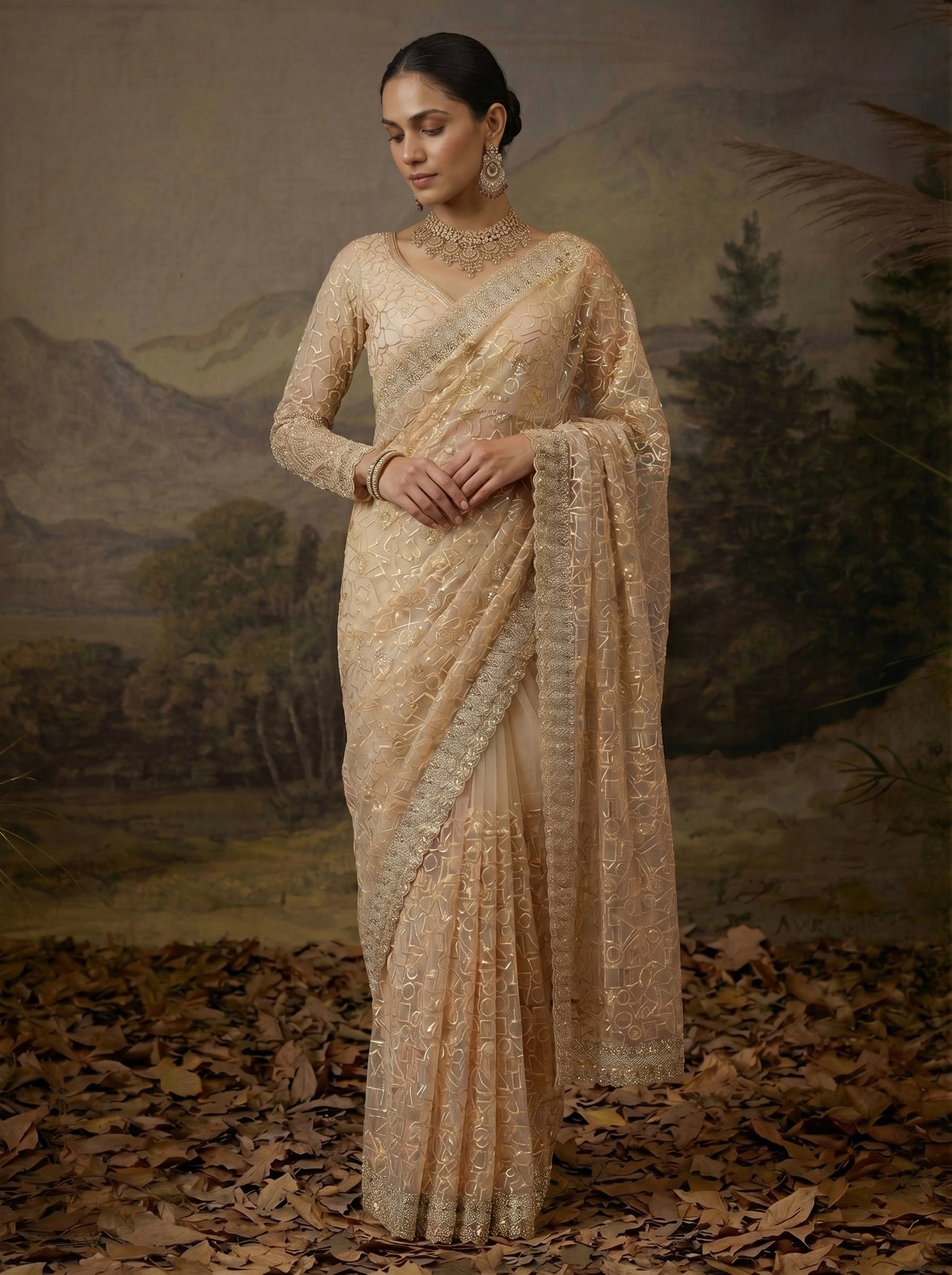 Luxury Champagne Gold Designer Saree with Intricate Embroidery & Heavy Border