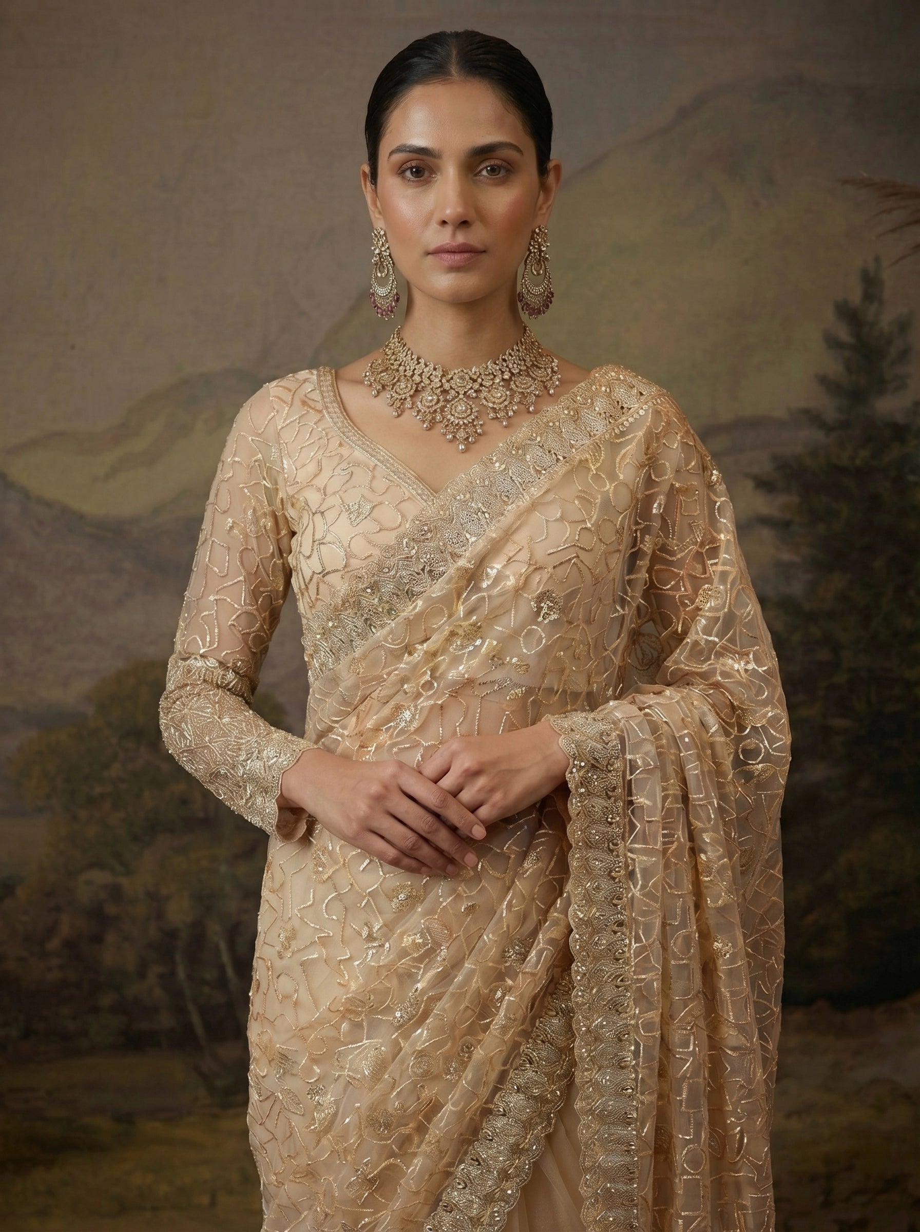 Luxury Champagne Gold Designer Saree with Intricate Embroidery & Heavy Border