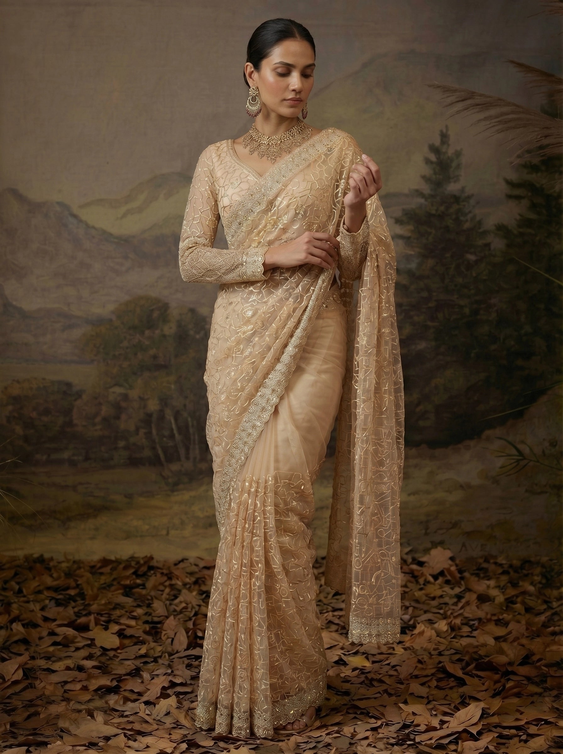 Luxury Champagne Gold Designer Saree with Intricate Embroidery & Heavy Border