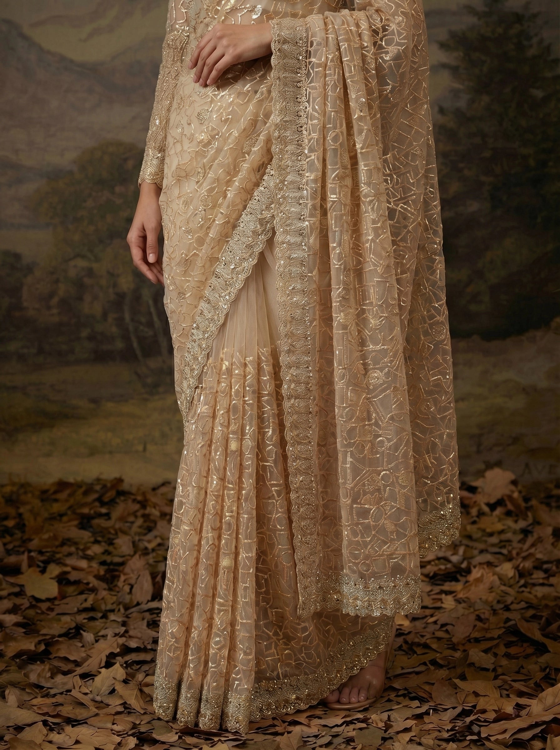 Luxury Champagne Gold Designer Saree with Intricate Embroidery & Heavy Border