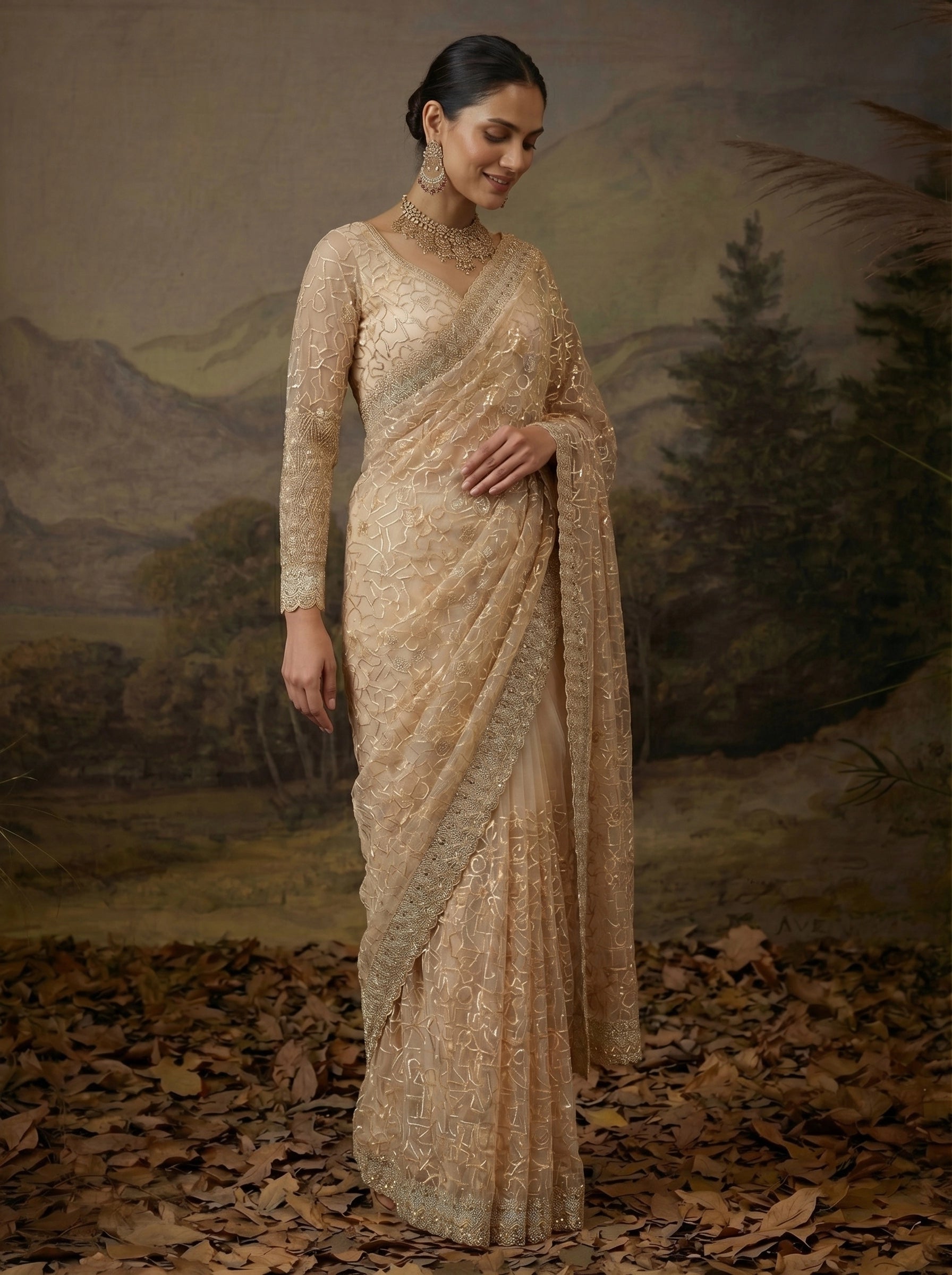 Luxury Champagne Gold Designer Saree with Intricate Embroidery & Heavy Border
