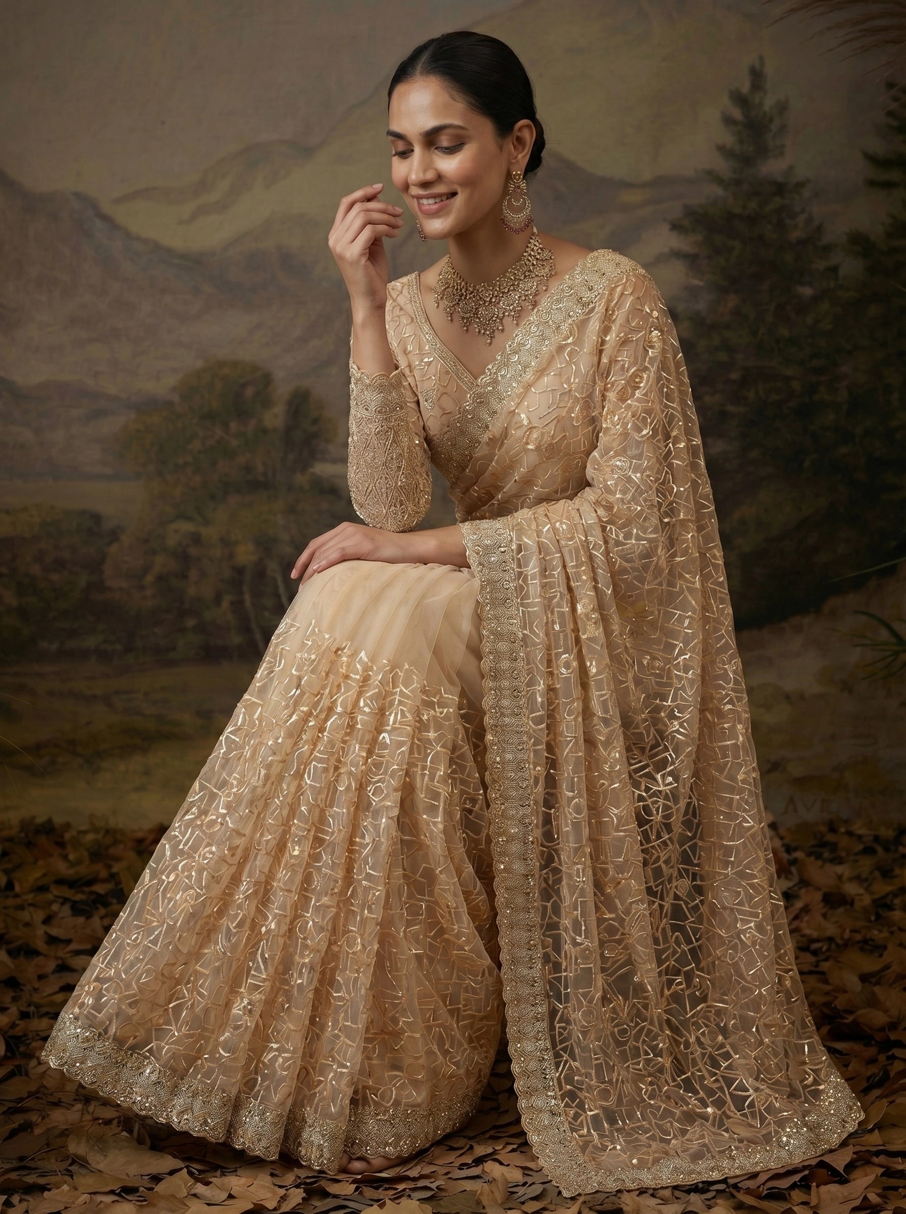 Luxury Champagne Gold Designer Saree with Intricate Embroidery & Heavy Border