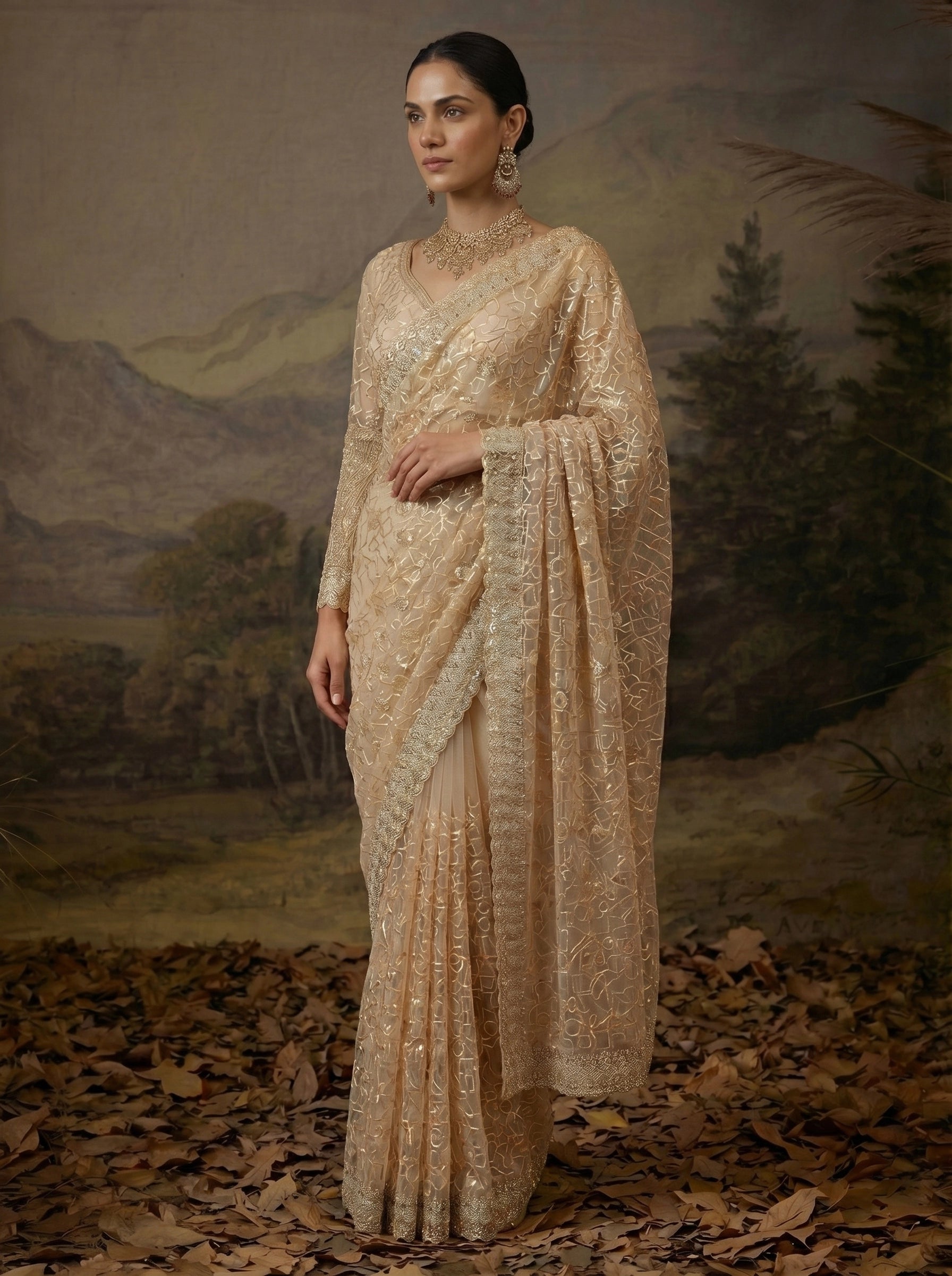 Luxury Champagne Gold Designer Saree with Intricate Embroidery & Heavy Border