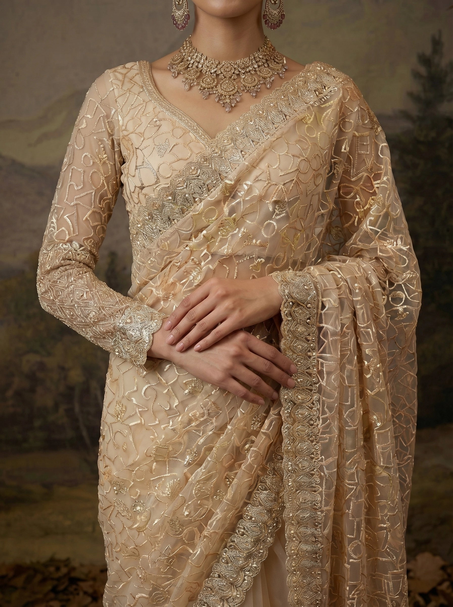 Luxury Champagne Gold Designer Saree with Intricate Embroidery & Heavy Border