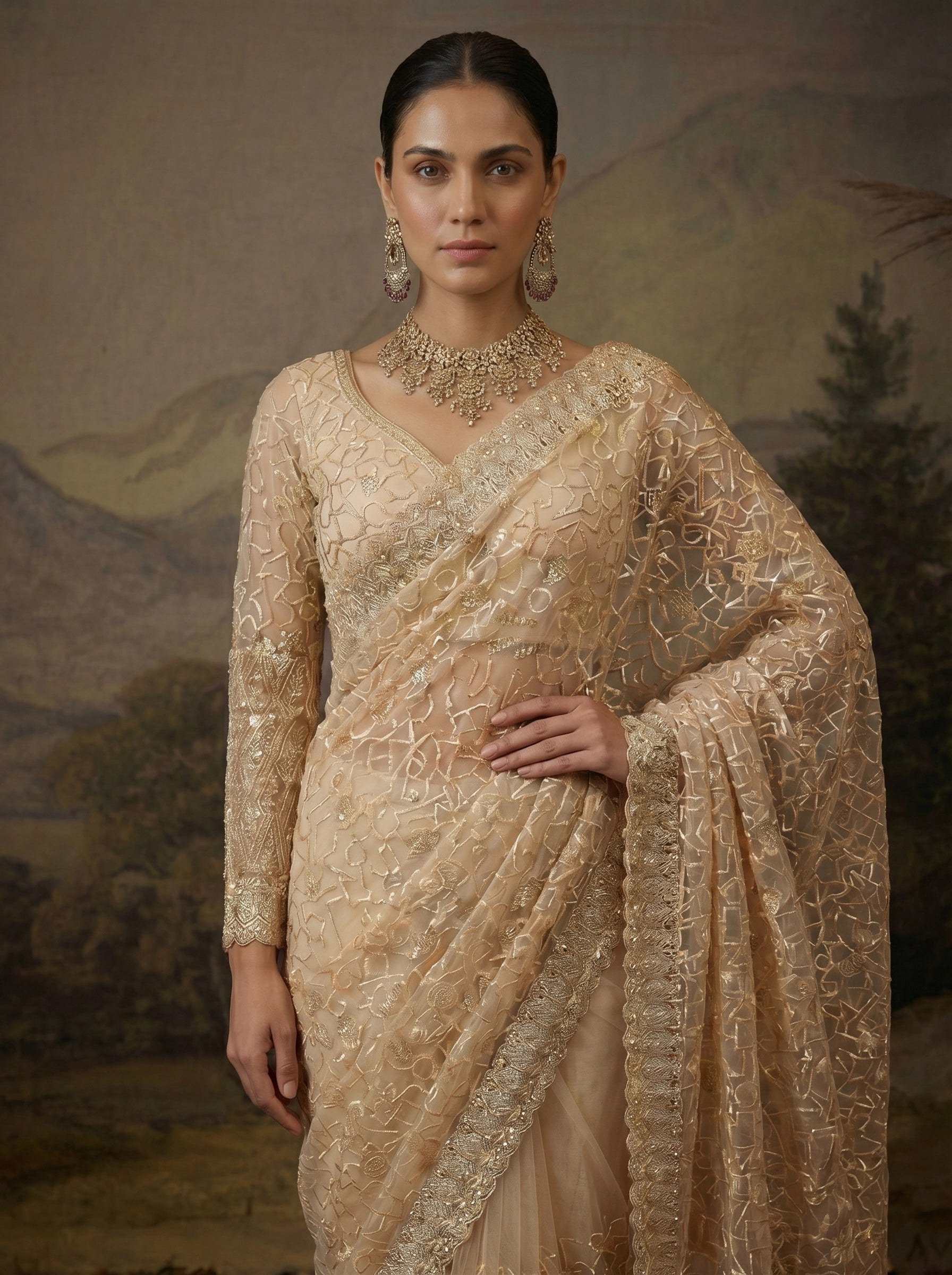 Luxury Champagne Gold Designer Saree with Intricate Embroidery & Heavy Border