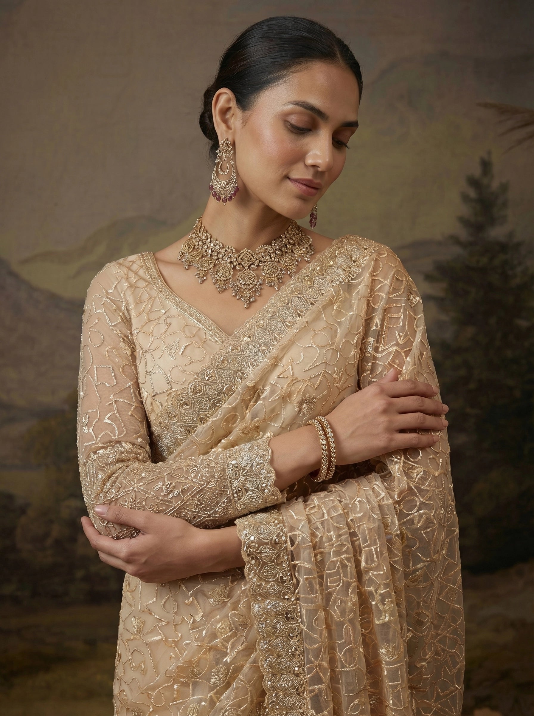 Luxury Champagne Gold Designer Saree with Intricate Embroidery & Heavy Border