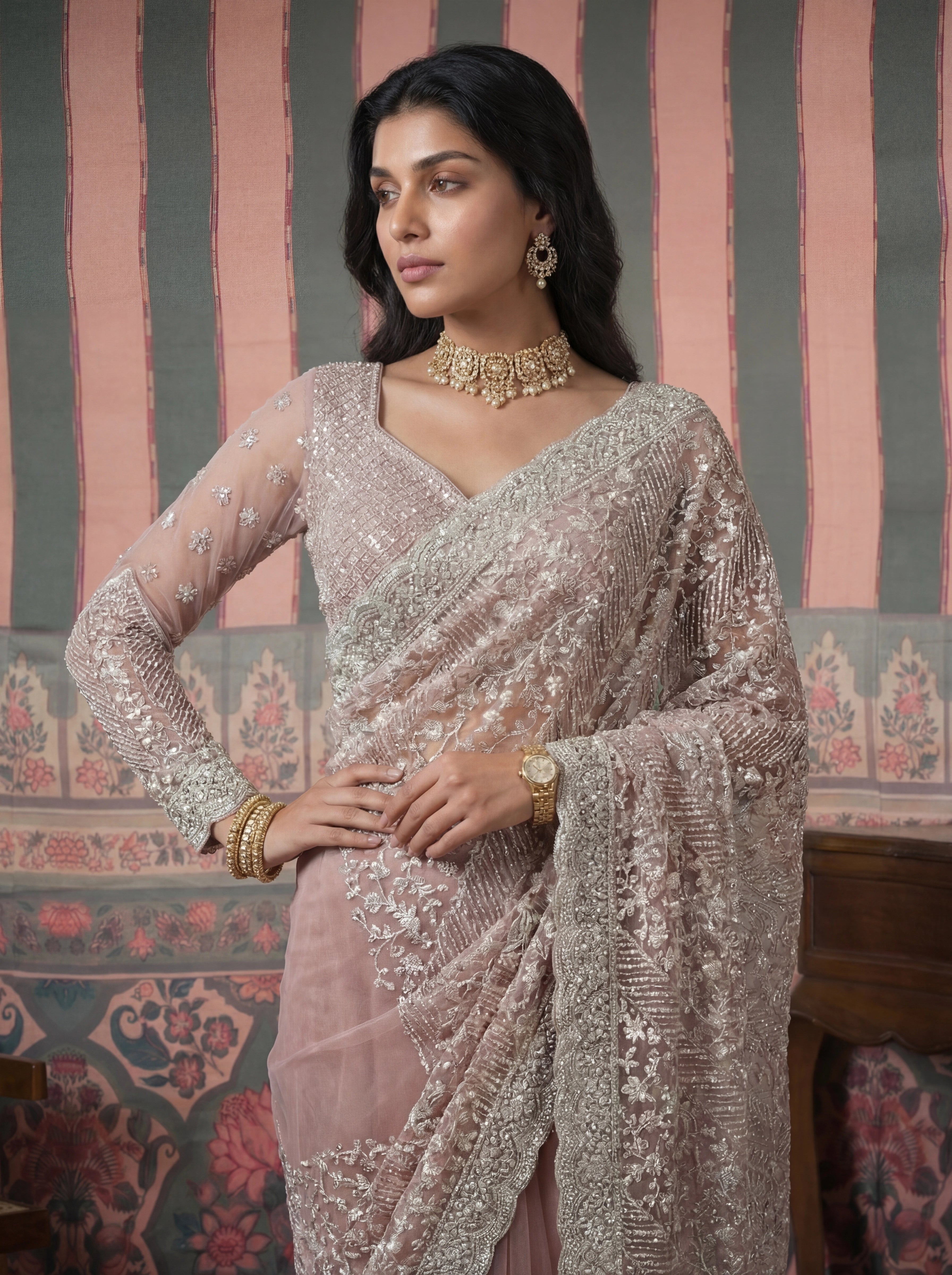 Luxury Dusty Rose Net Saree with Heavy Border & Embroidered Blouse