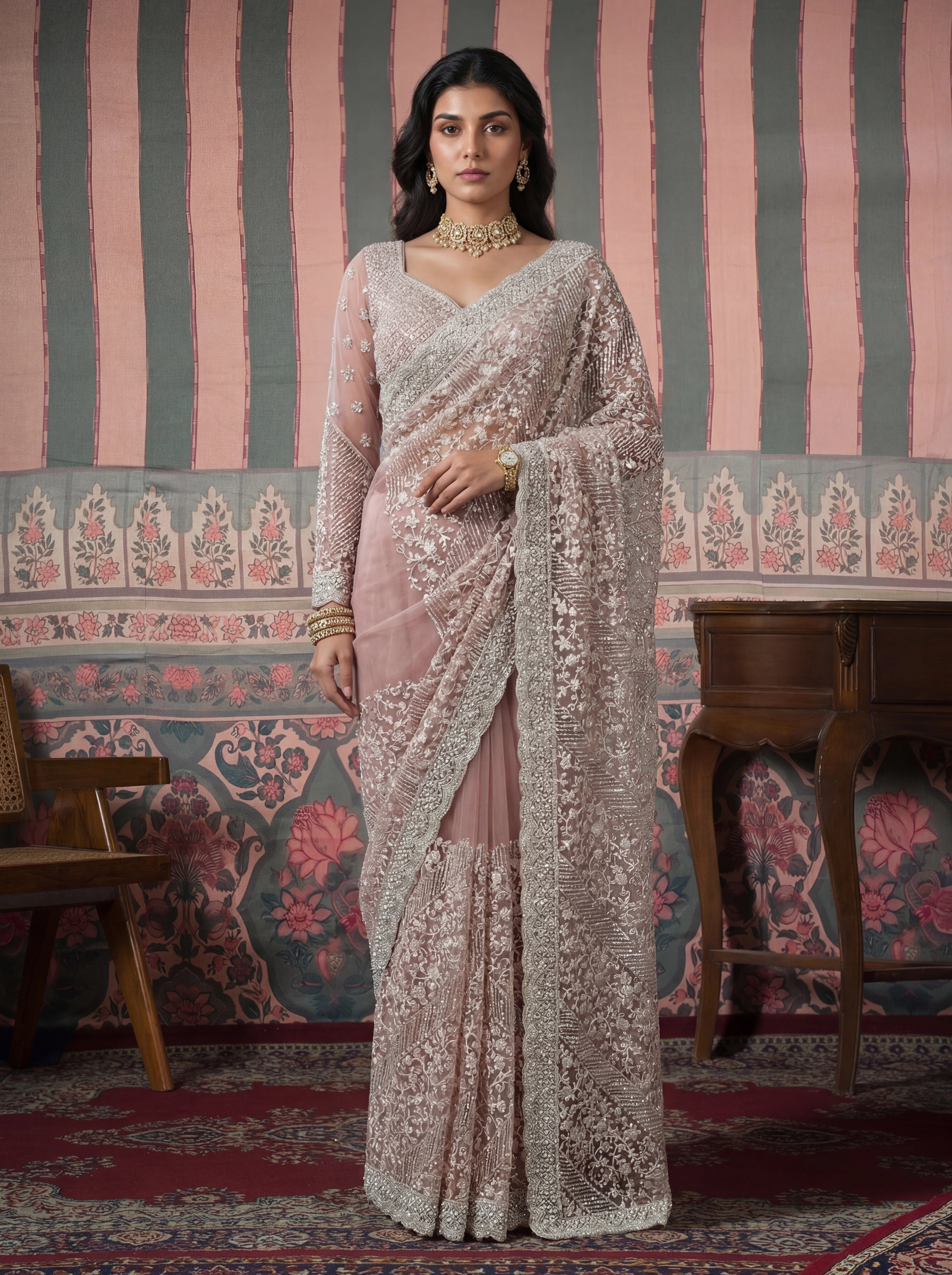 Luxury Dusty Rose Net Saree with Heavy Border & Embroidered Blouse