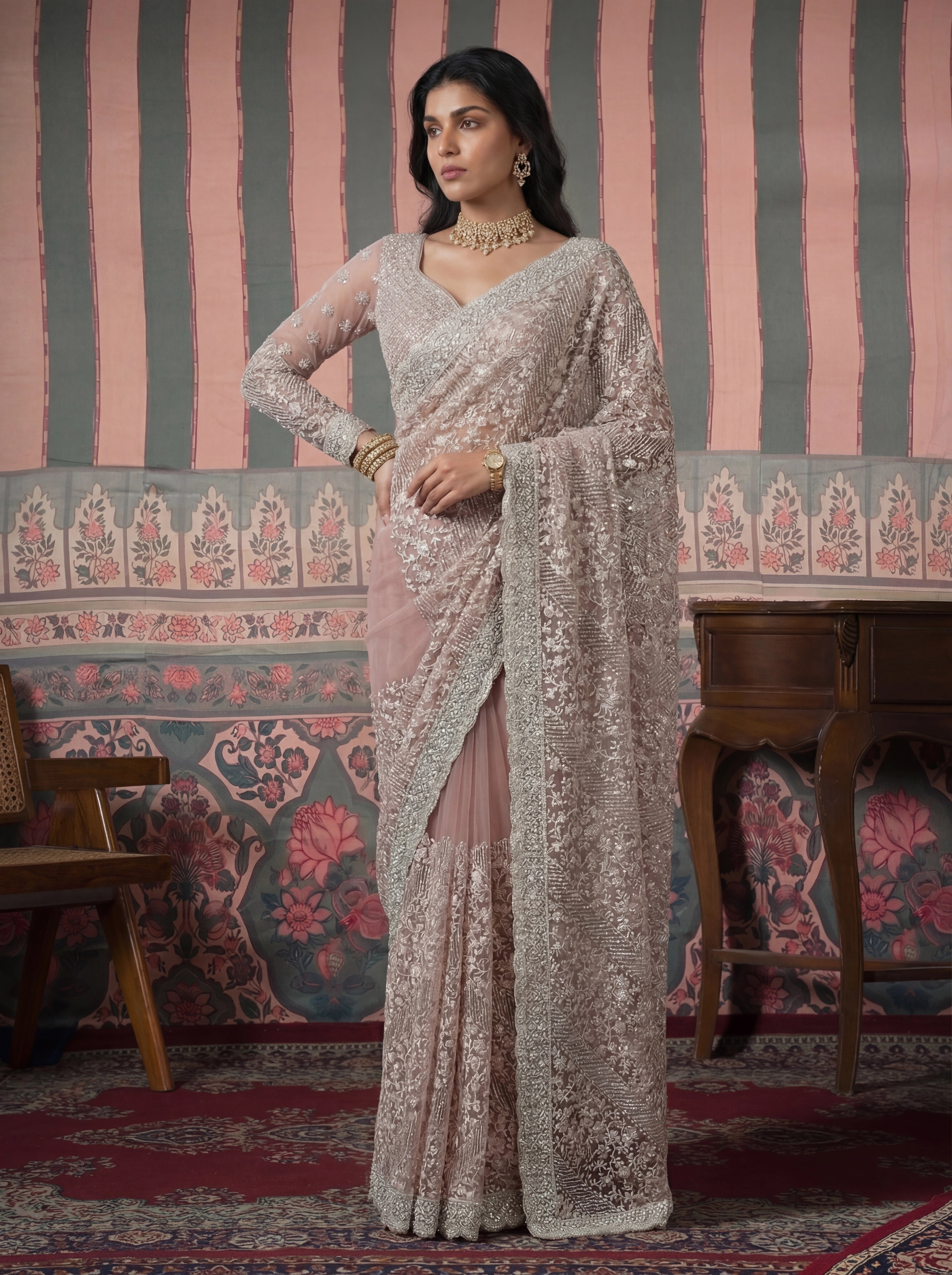 Luxury Dusty Rose Net Saree with Heavy Border & Embroidered Blouse