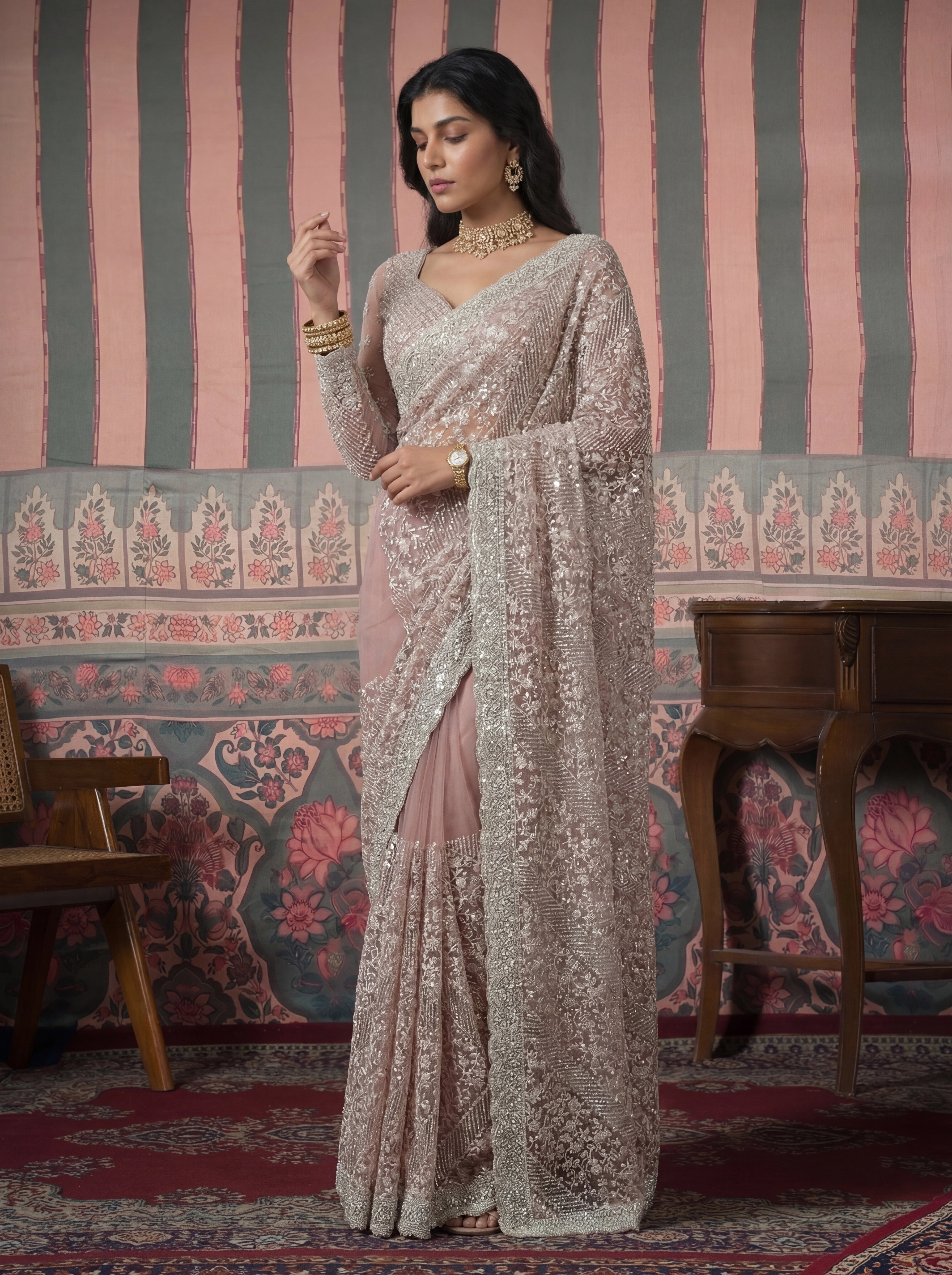Luxury Dusty Rose Net Saree with Heavy Border & Embroidered Blouse