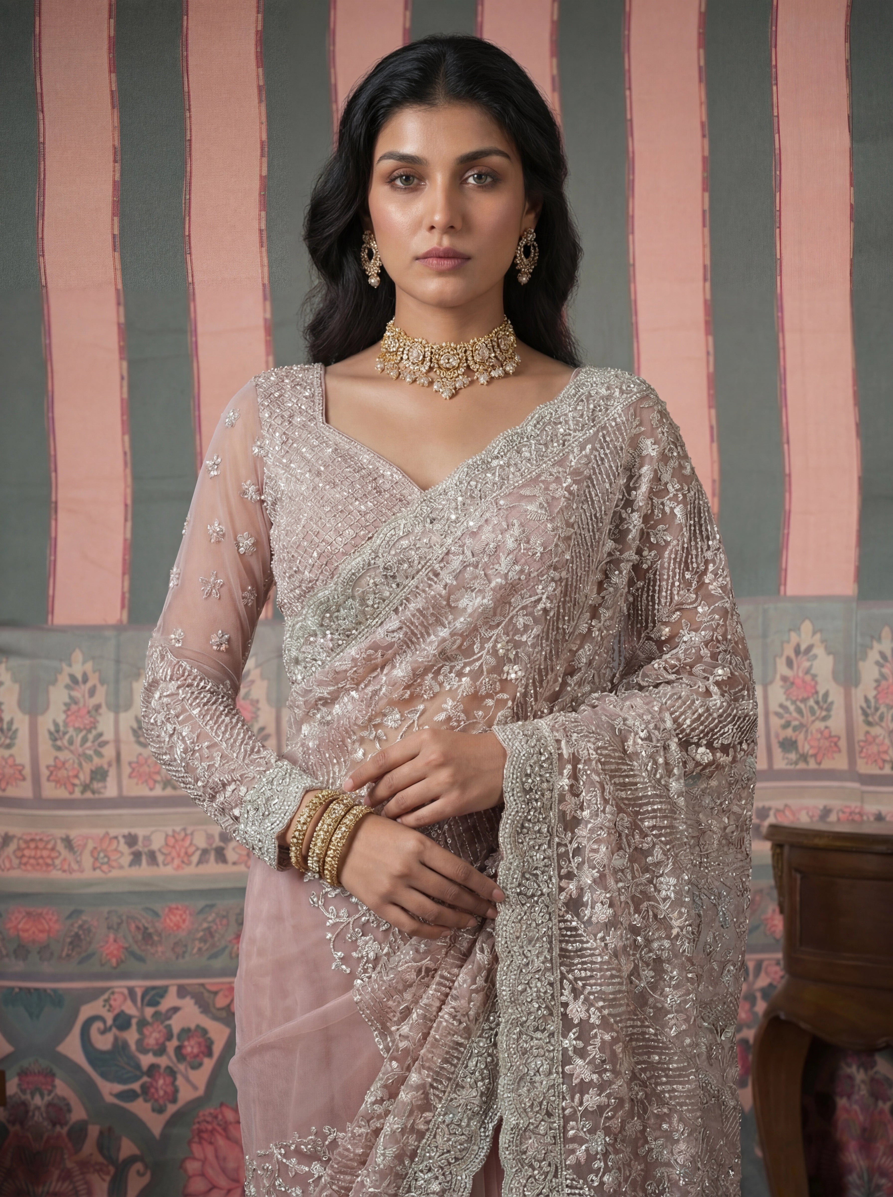 Luxury Dusty Rose Net Saree with Heavy Border & Embroidered Blouse