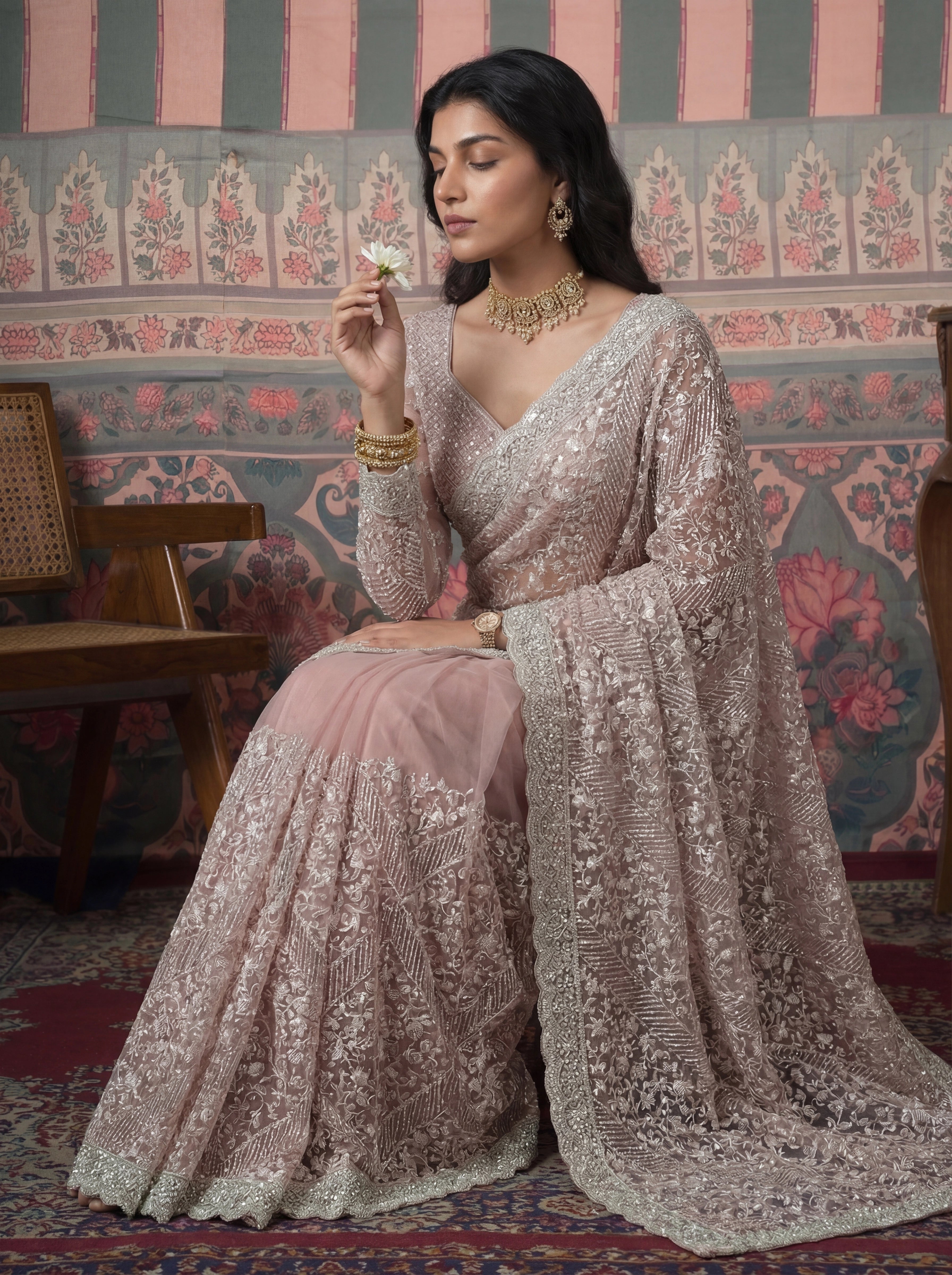 Luxury Dusty Rose Net Saree with Heavy Border & Embroidered Blouse