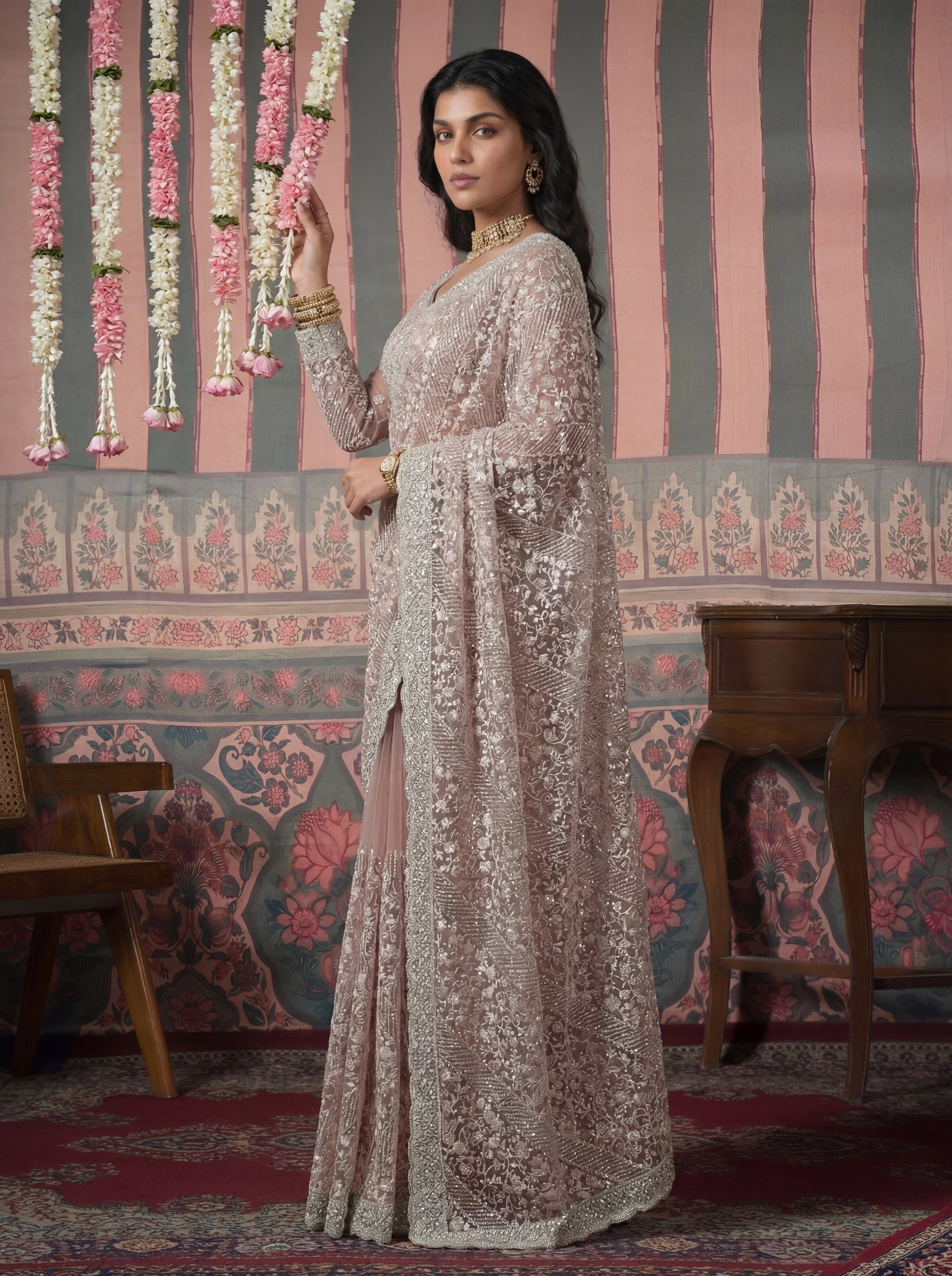 Luxury Dusty Rose Net Saree with Heavy Border & Embroidered Blouse