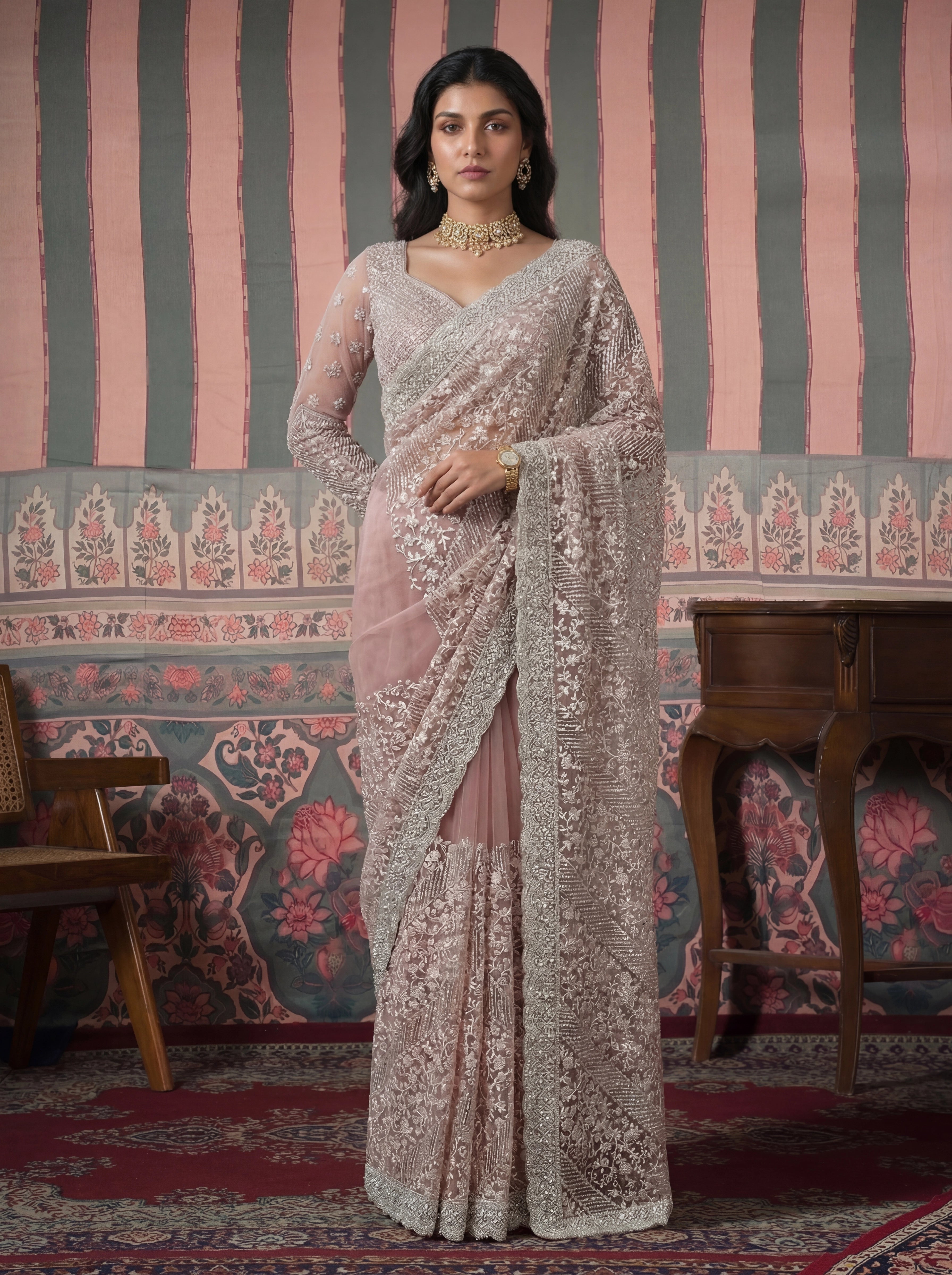 Luxury Dusty Rose Net Saree with Heavy Border & Embroidered Blouse