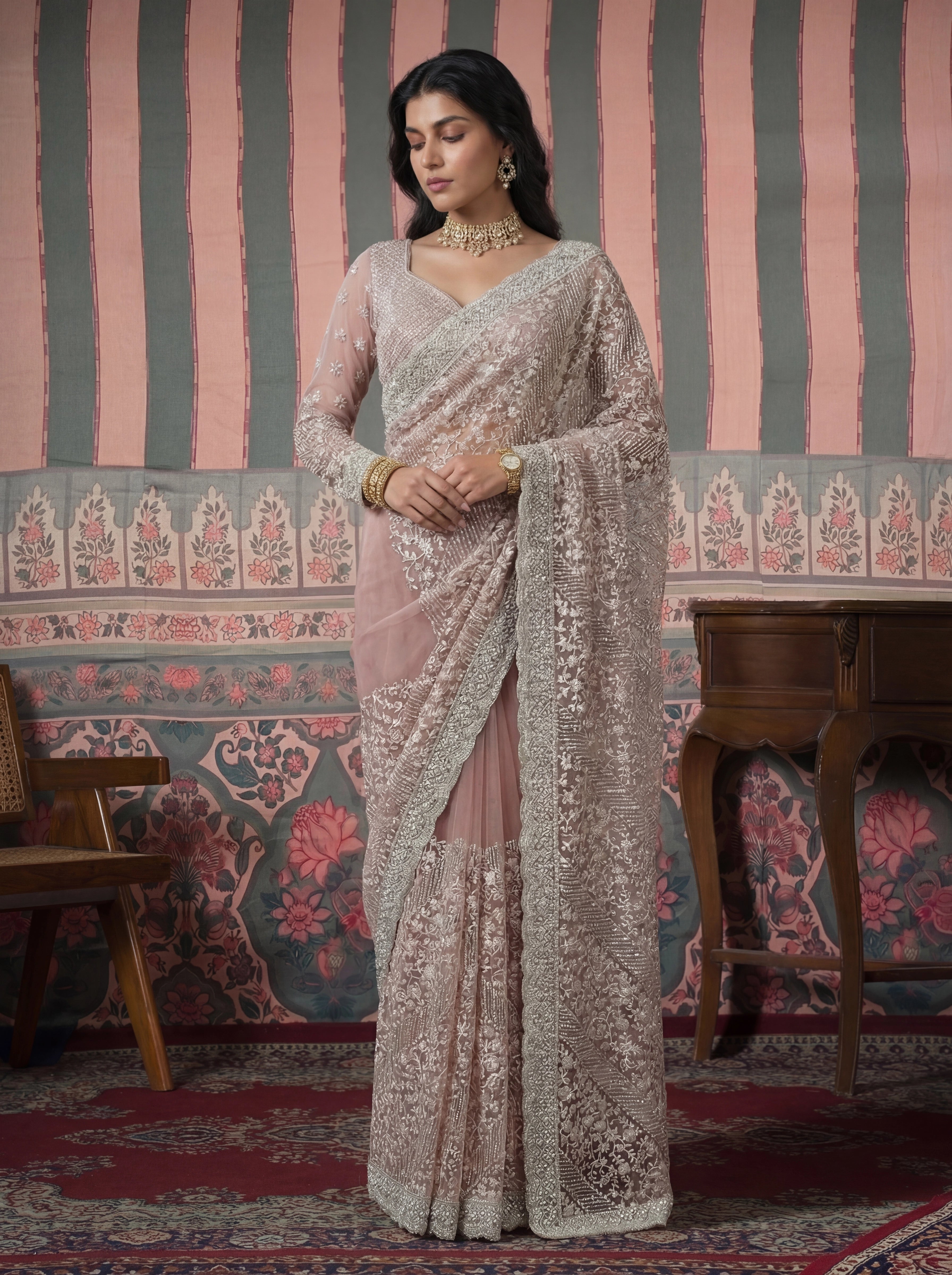 Luxury Dusty Rose Net Saree with Heavy Border & Embroidered Blouse