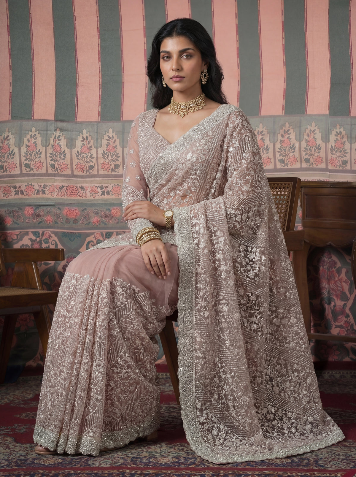 Luxury Dusty Rose Net Saree with Heavy Border & Embroidered Blouse