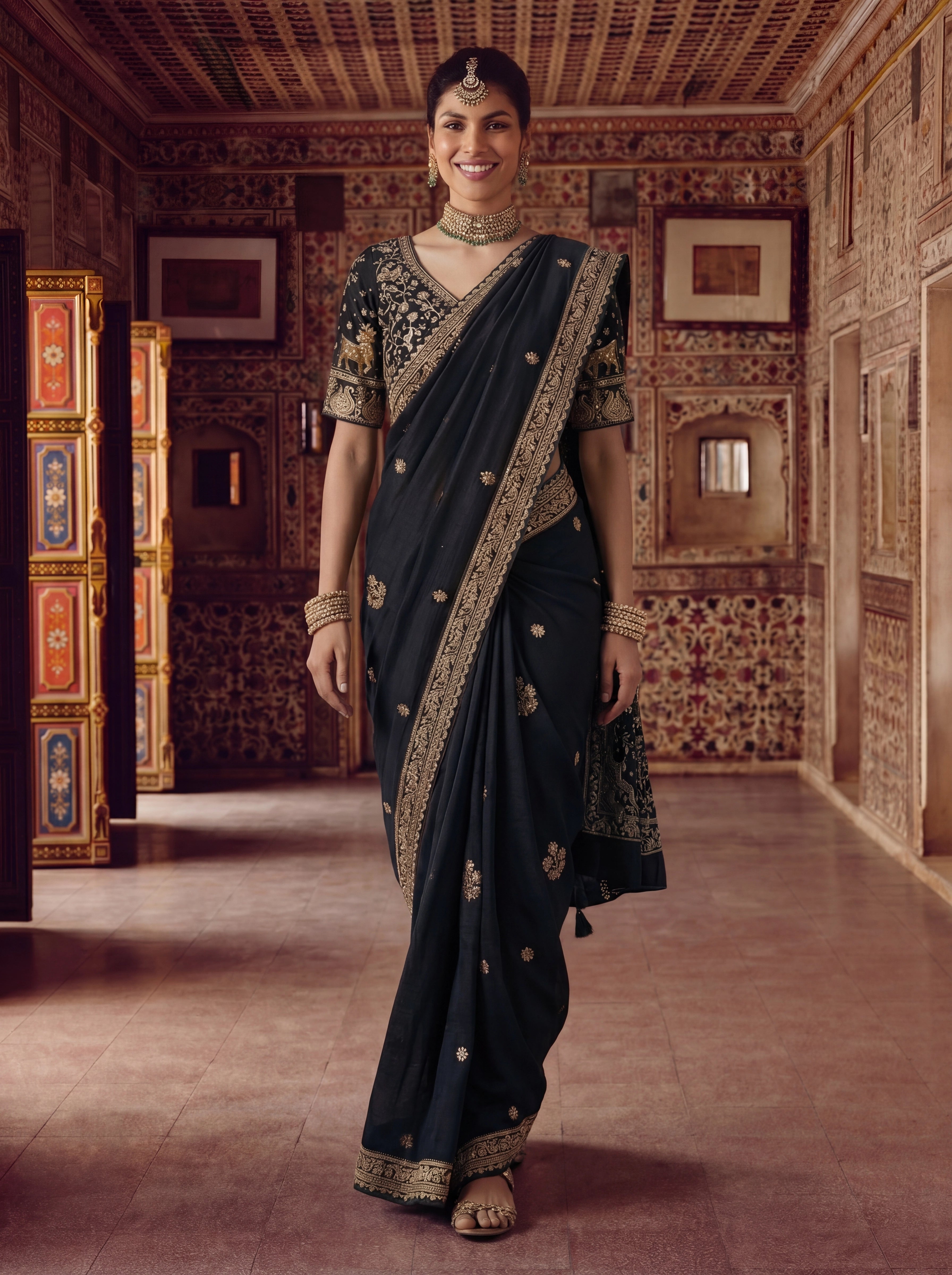 Luxury Black Designer Saree with Intricate Gold Zari Work