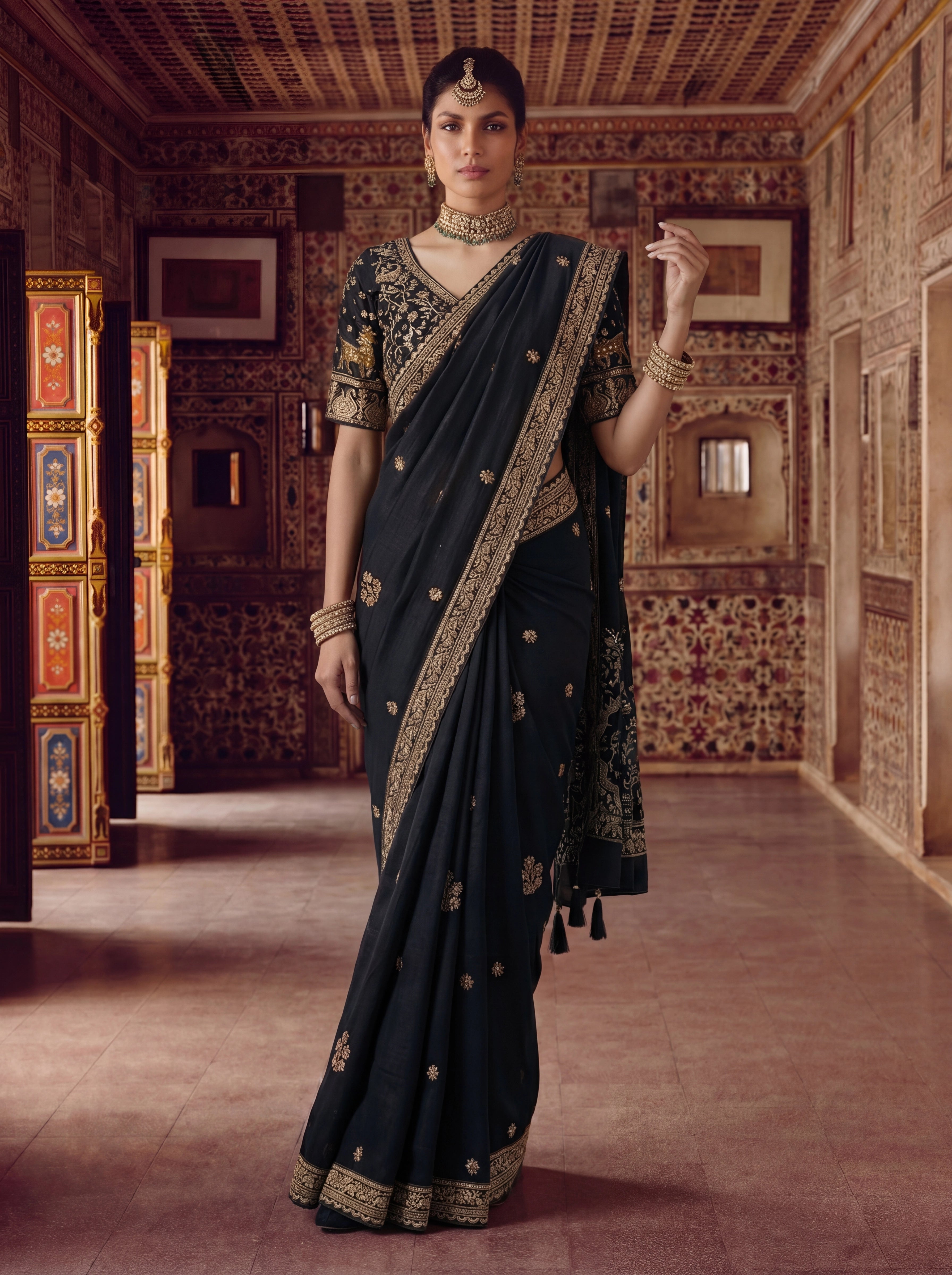 Luxury Black Designer Saree with Intricate Gold Zari Work