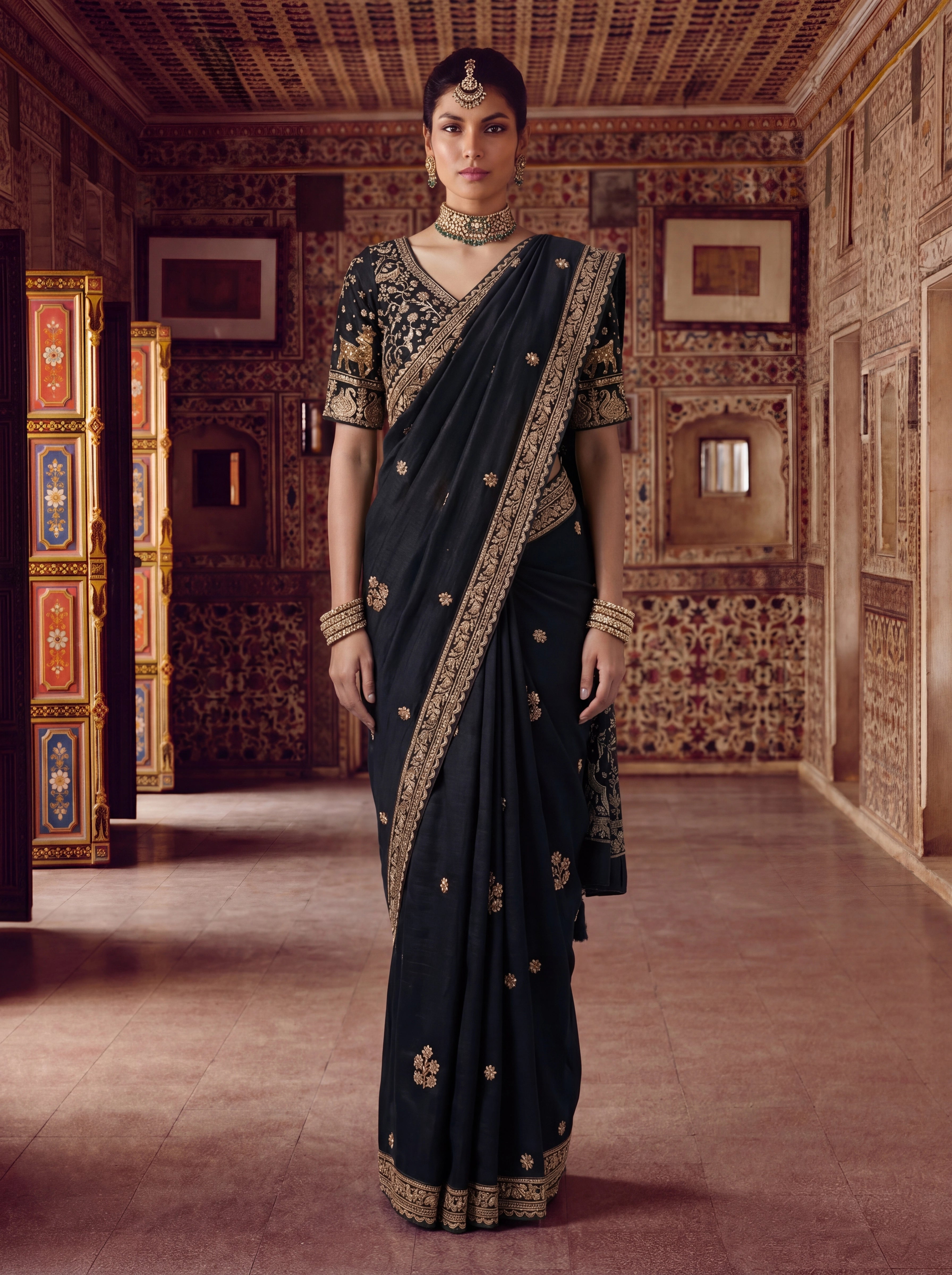 Luxury Black Designer Saree with Intricate Gold Zari Work
