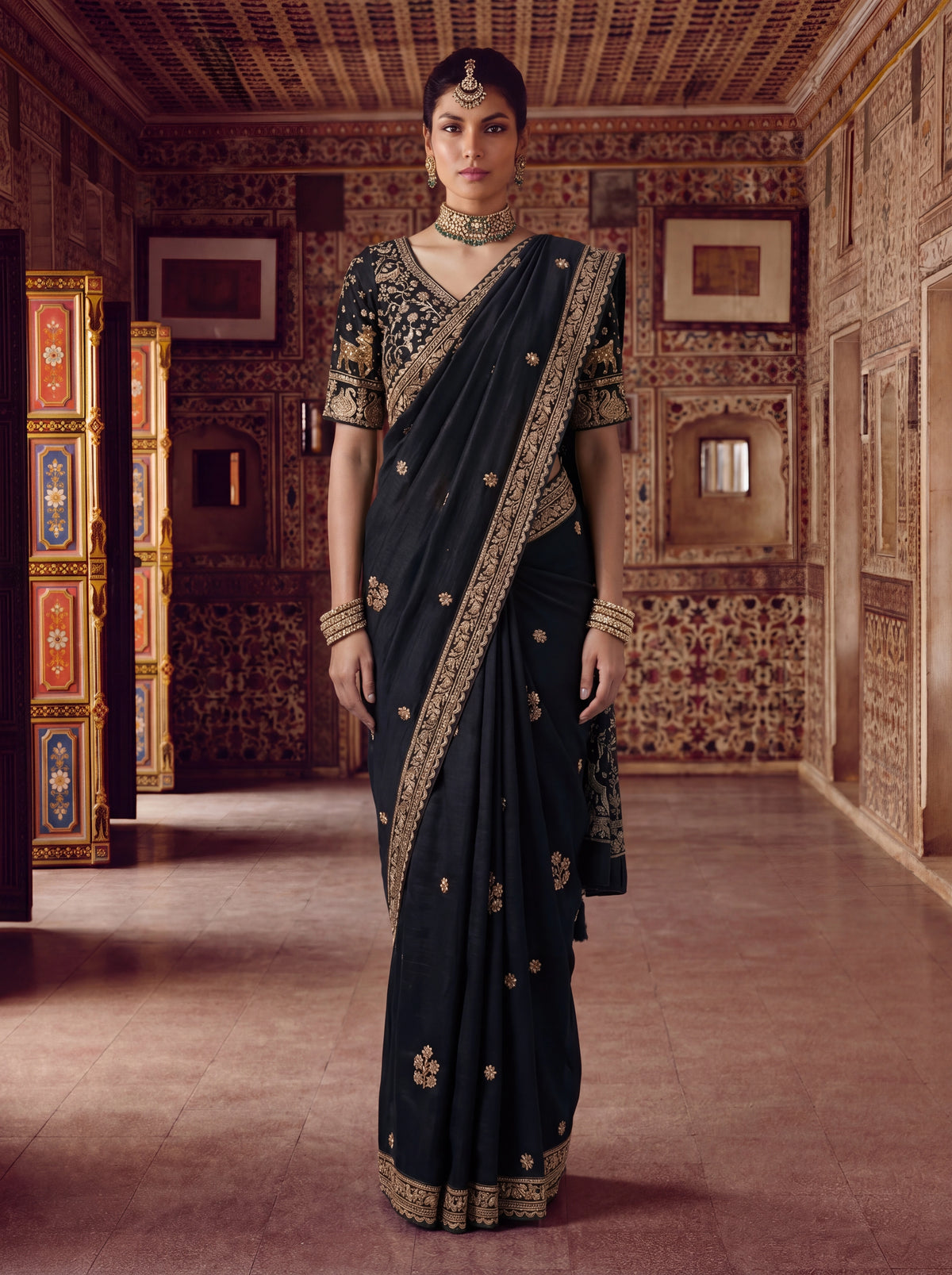 Luxury Black Designer Saree with Intricate Gold Zari Work