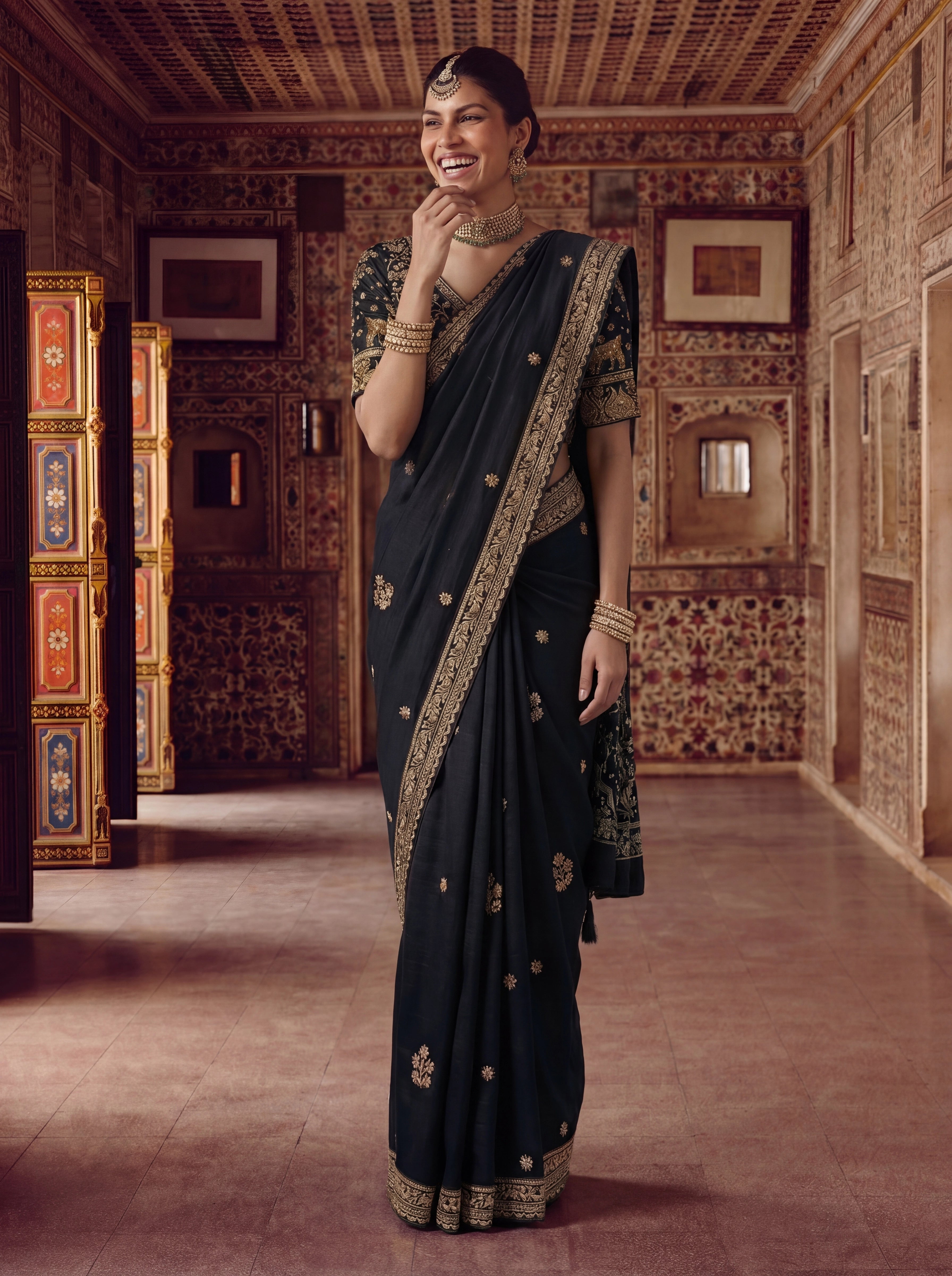 Luxury Black Designer Saree with Intricate Gold Zari Work