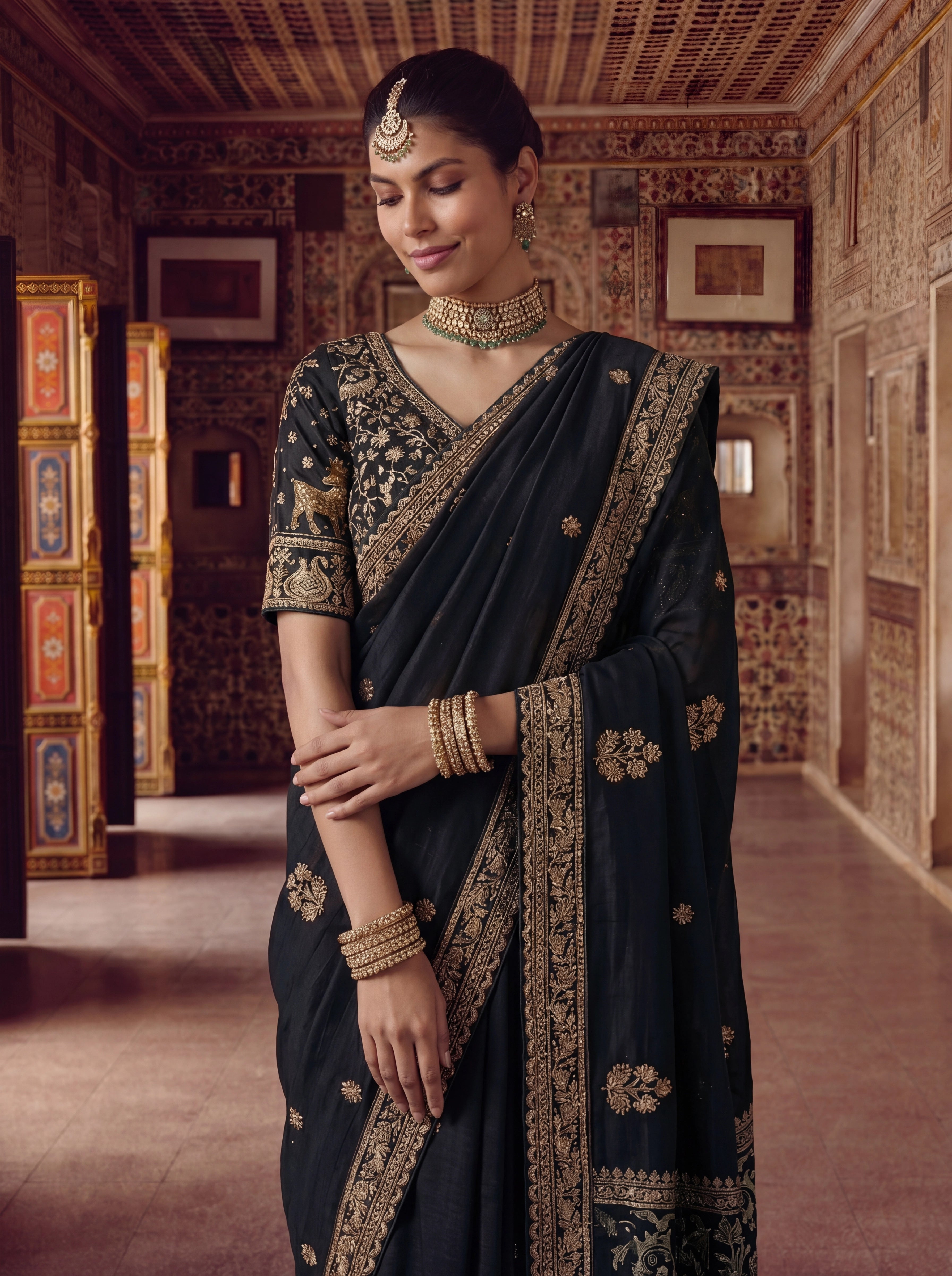 Luxury Black Designer Saree with Intricate Gold Zari Work