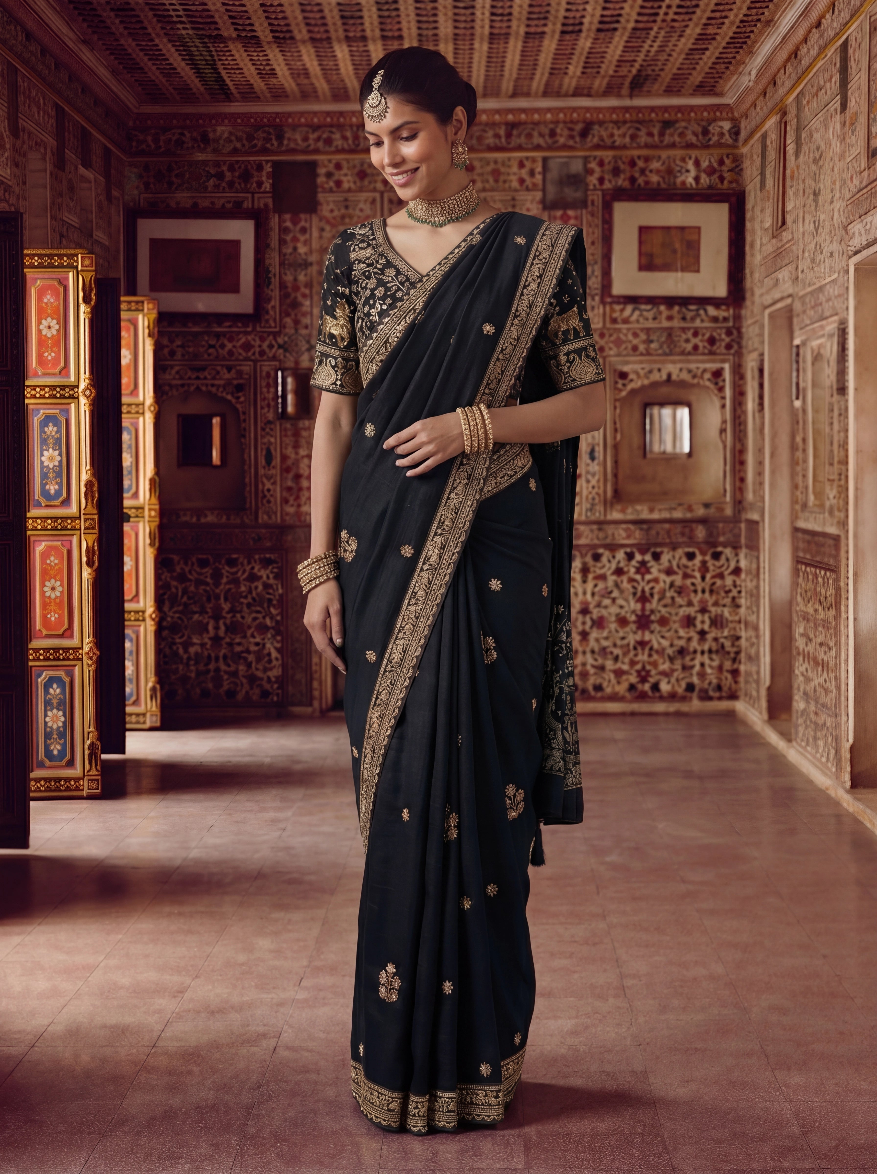 Luxury Black Designer Saree with Intricate Gold Zari Work