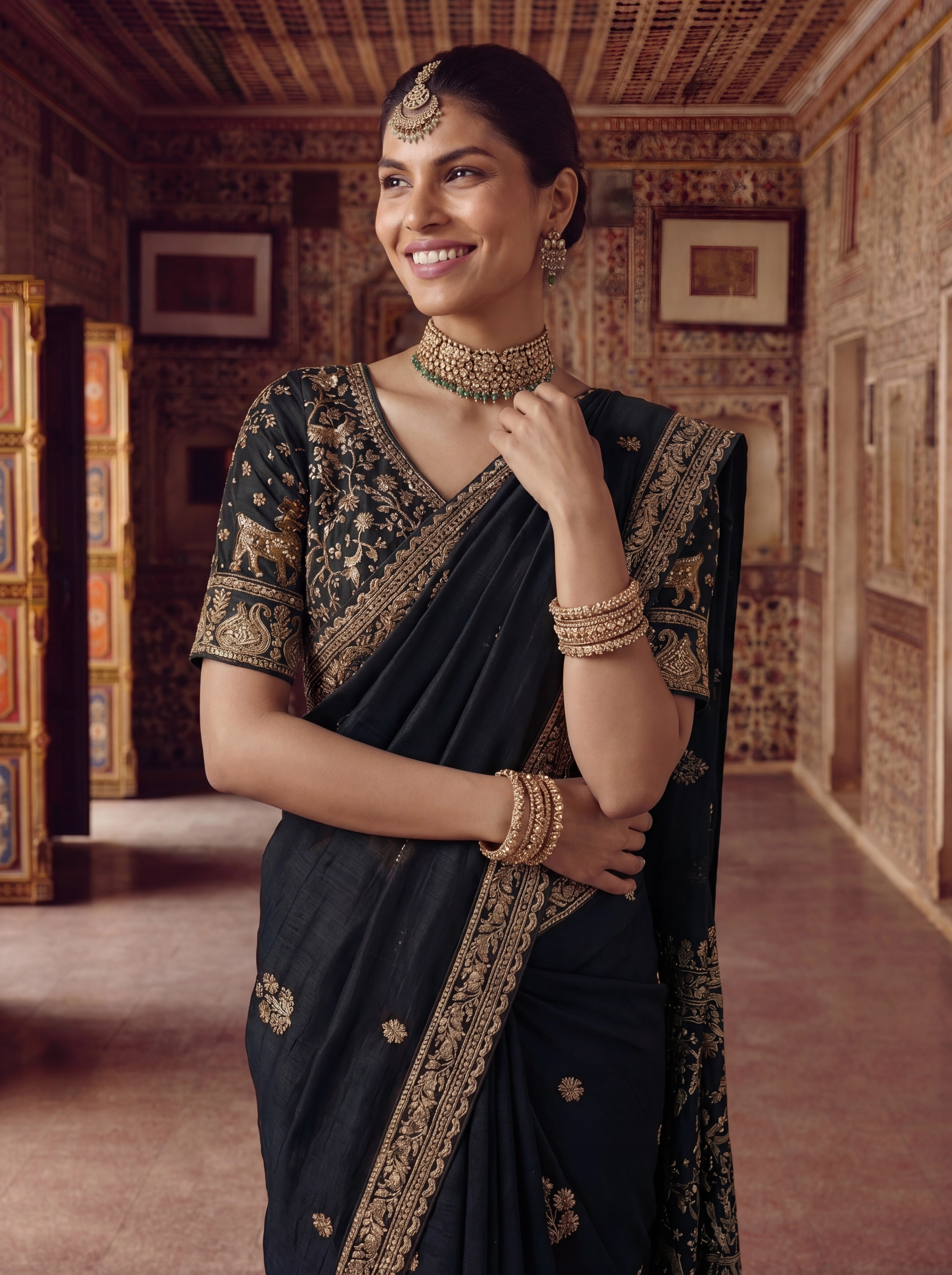 Luxury Black Designer Saree with Intricate Gold Zari Work