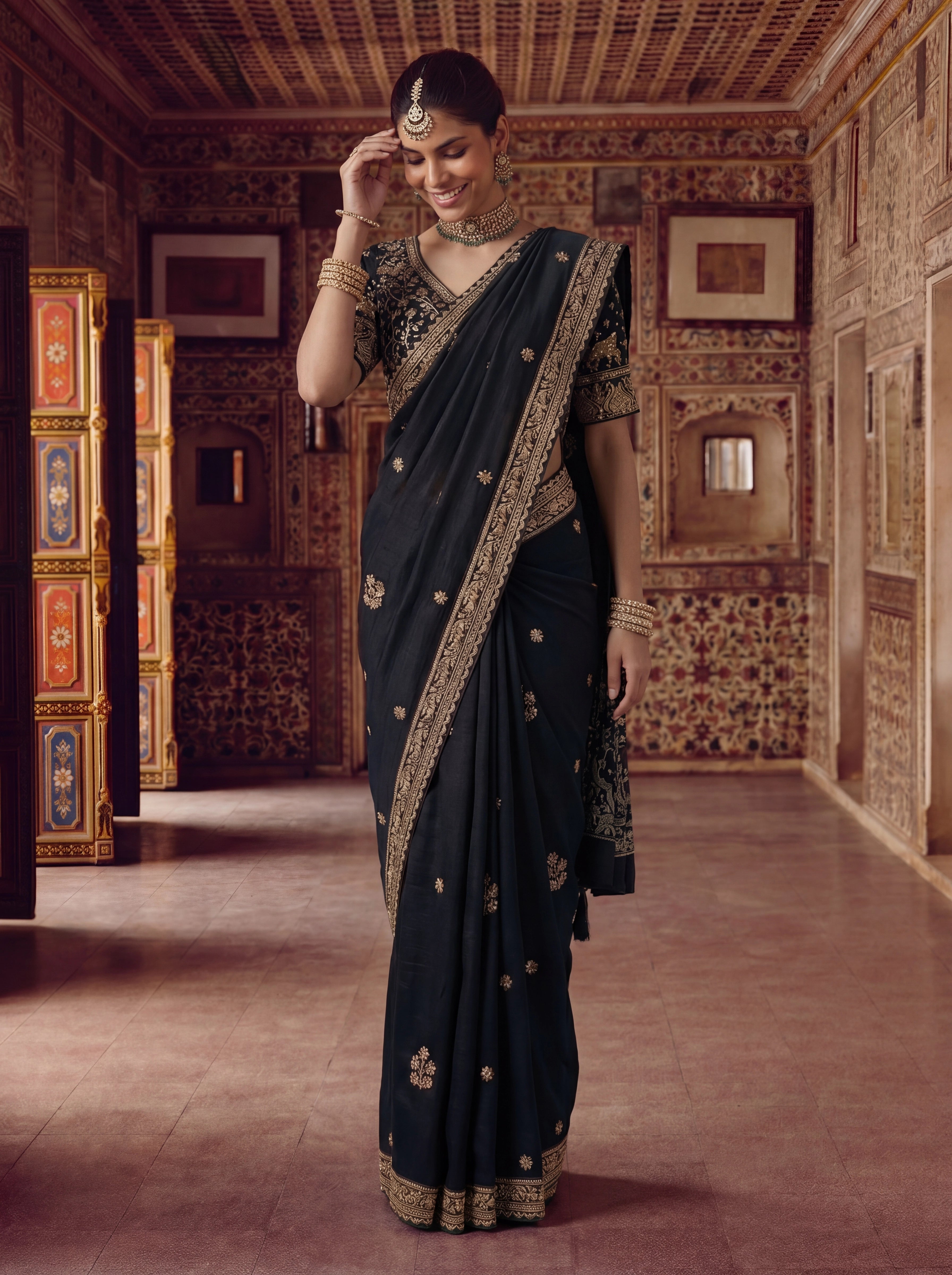 Luxury Black Designer Saree with Intricate Gold Zari Work