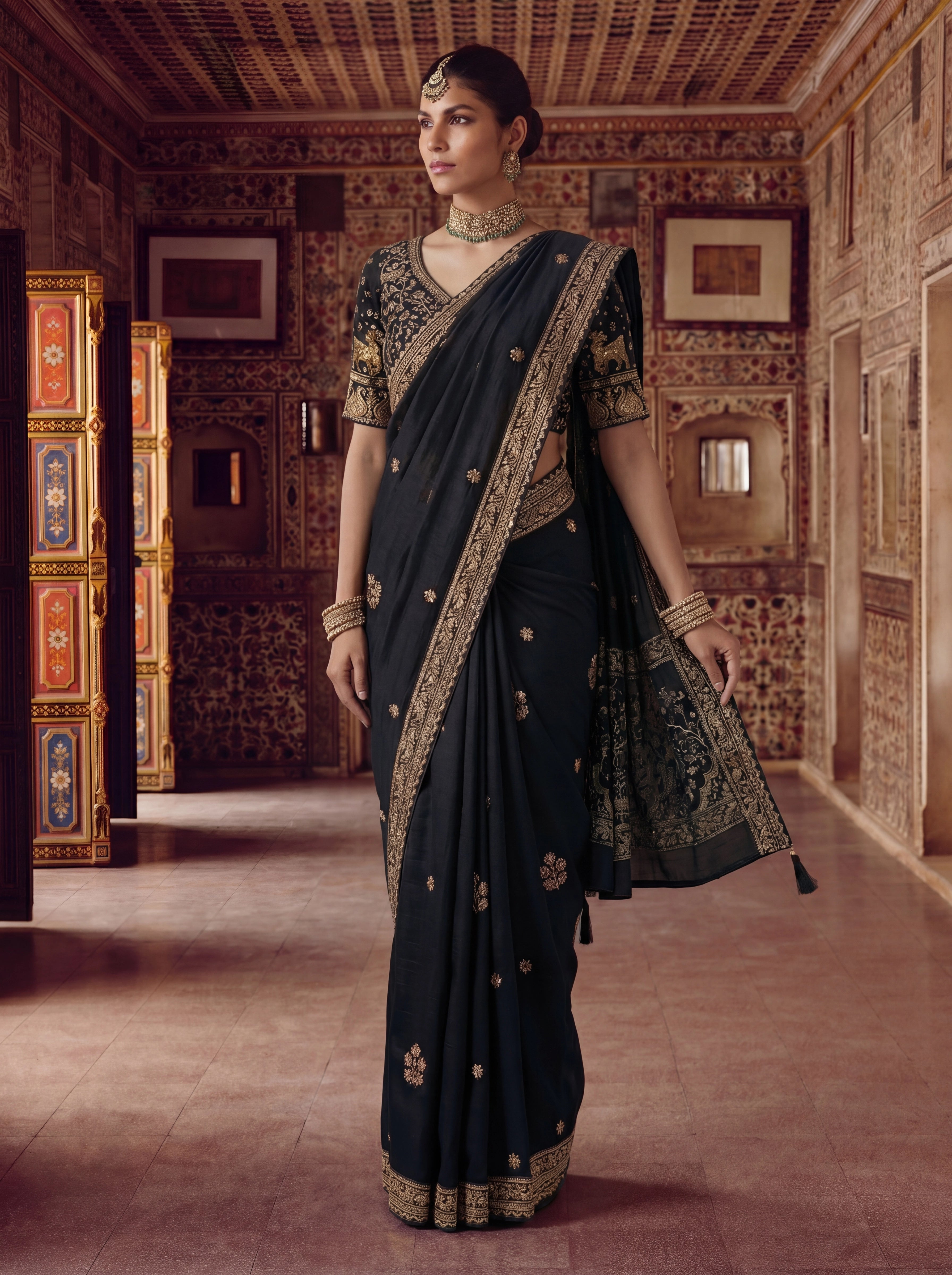 Luxury Black Designer Saree with Intricate Gold Zari Work