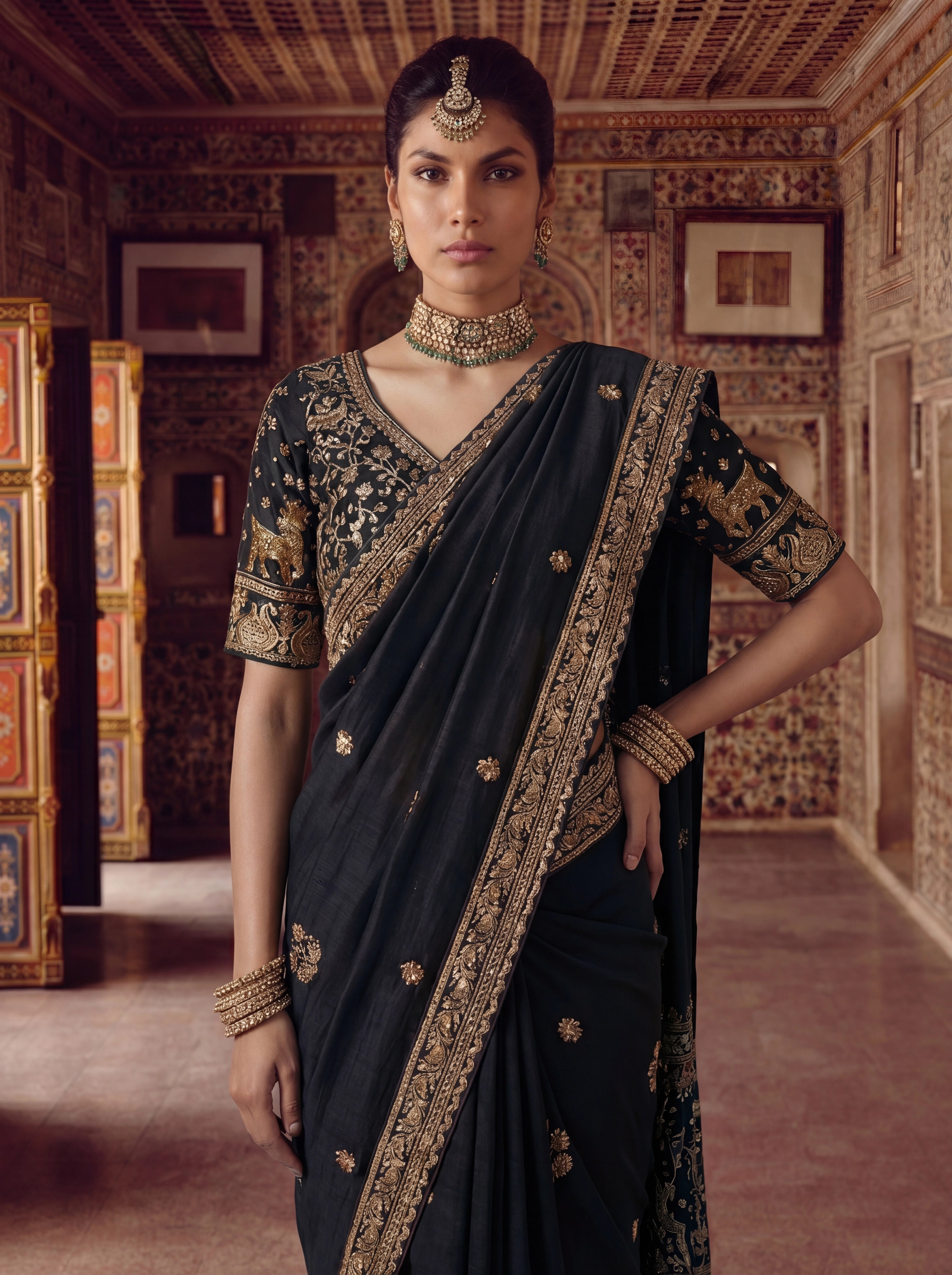 Luxury Black Designer Saree with Intricate Gold Zari Work